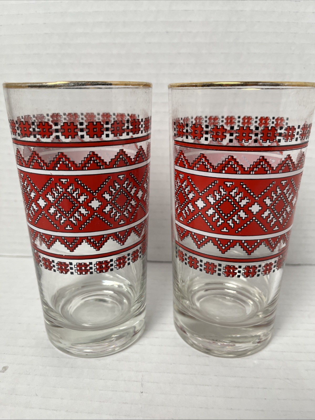 Vintage Ukrainian Folk Art Vyshyvanka Glass 2 Set Pair Slavic Red Geometric 5.5”