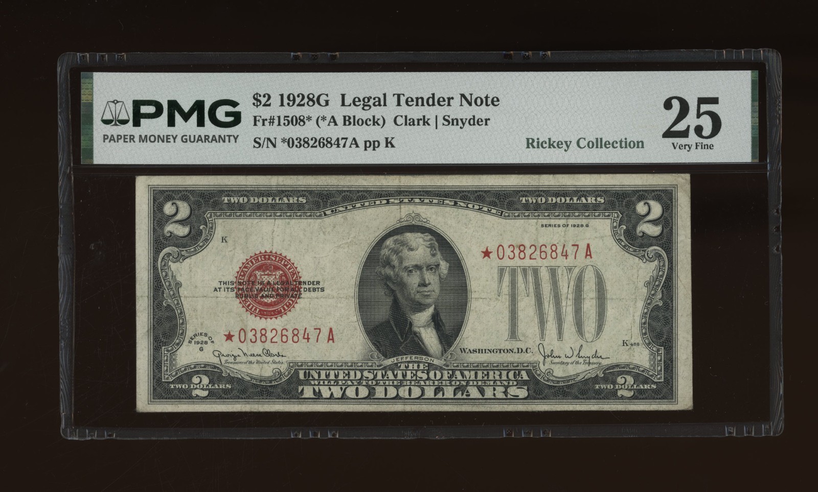 DBR 1928-G $2 Legal STAR Fr. 1508* PMG 25 Serial *03826847A