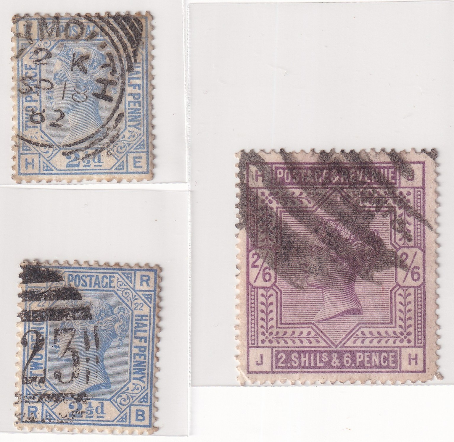 GB QV Trio 2½d Blue Plates 22/23 + 2s6d Lilac Used Cancels