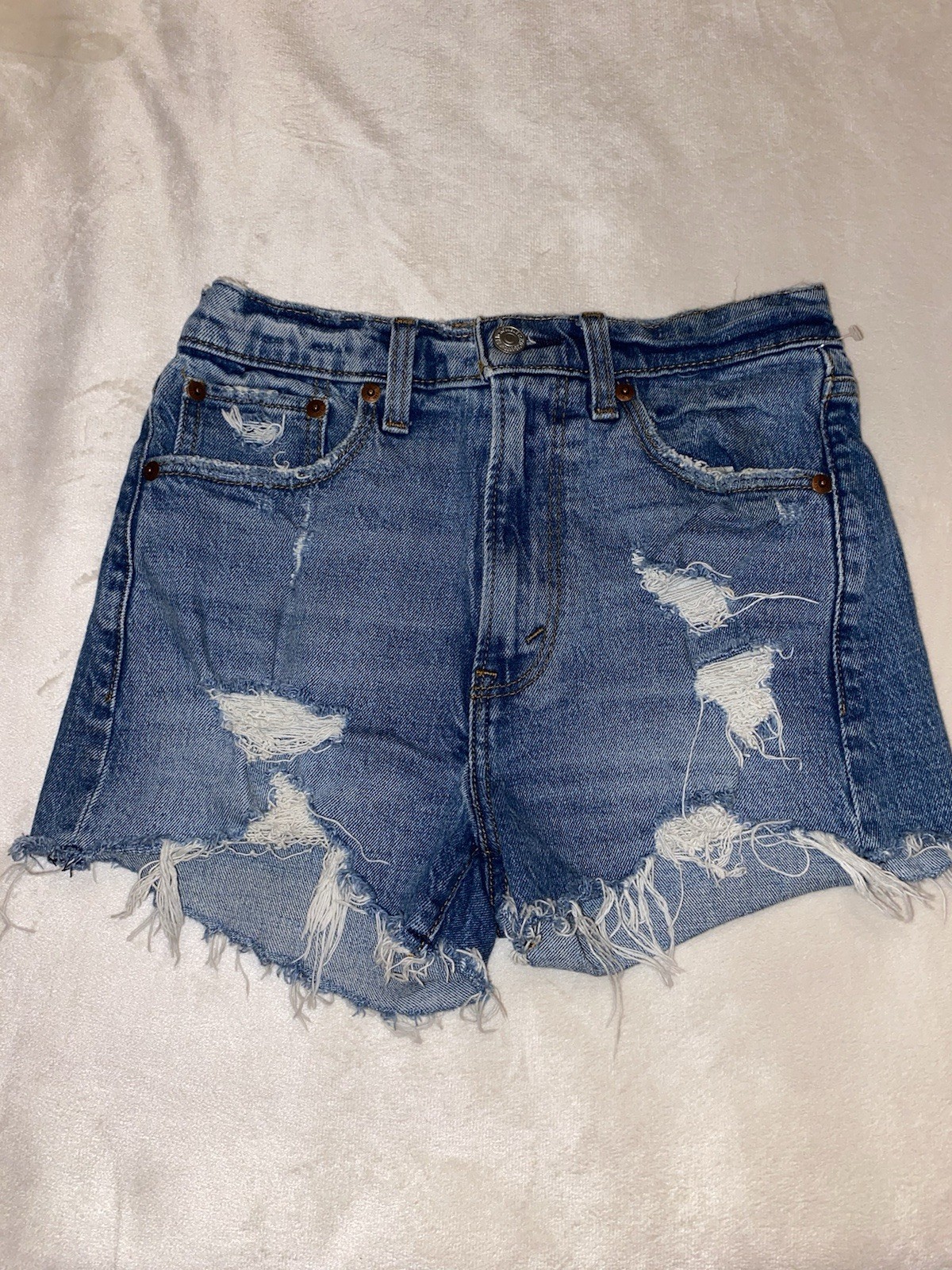 Abercrombie & Fitch Mom Short High Rise Distressed Denim Blue Womens Size 24 00