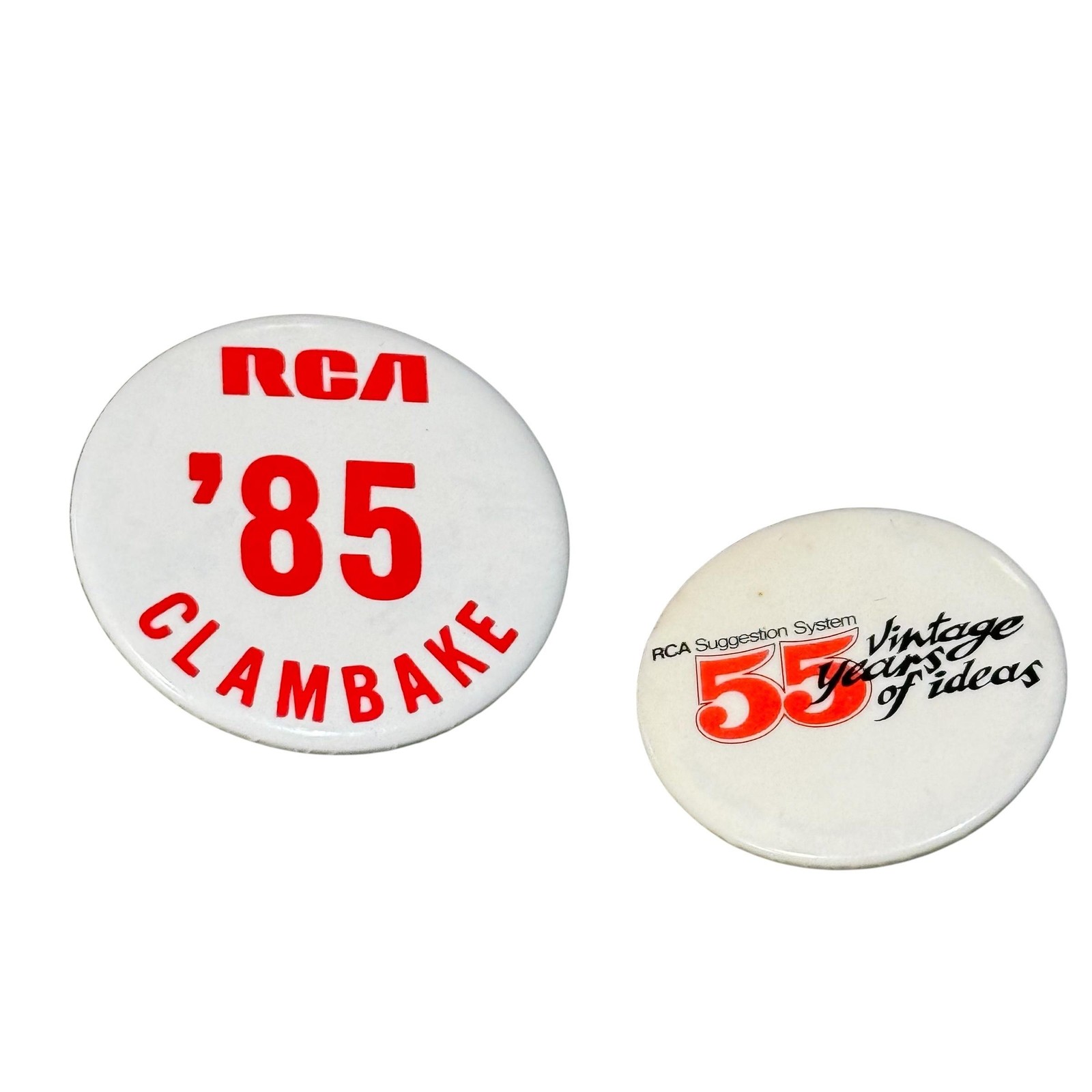 Vintage RCA Clambake \'85 Suggestion Pinback Buttons Lot 2 White Red Advertising