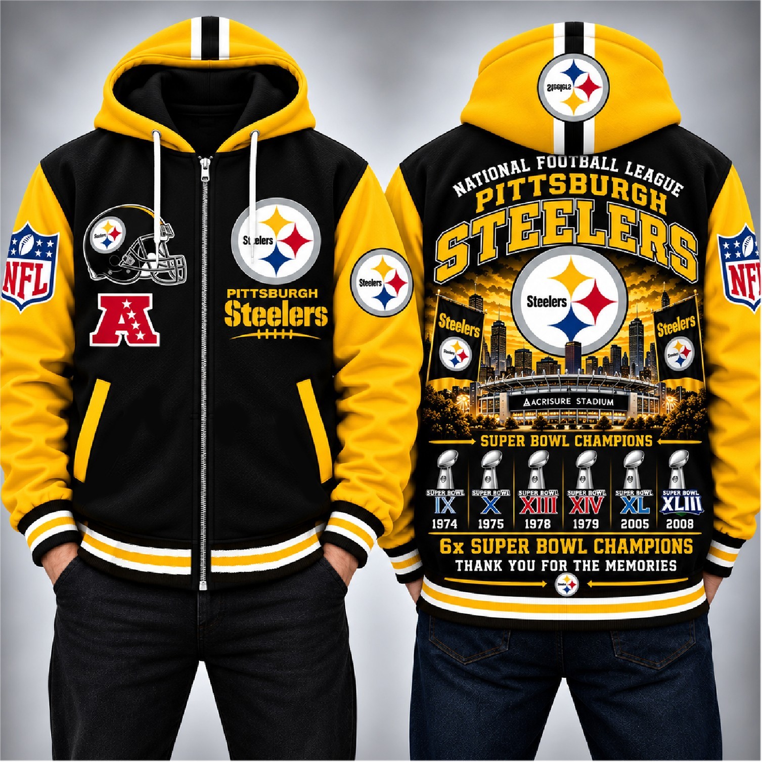 NEW Pittsburgh Steelers Football Zip Hoodie  - 6x Super Bowl Champions Jacket