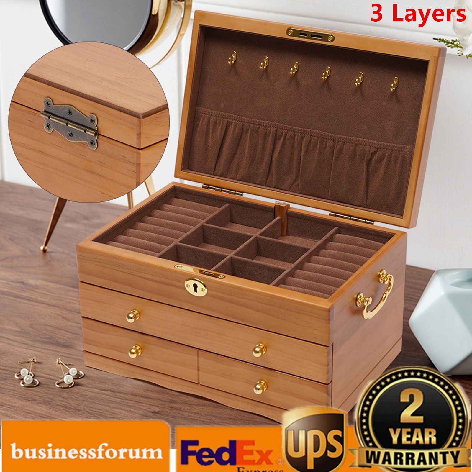 Elegant 3-Layer Wooden Jewelry Box with Safe Lock and Velvet Interior