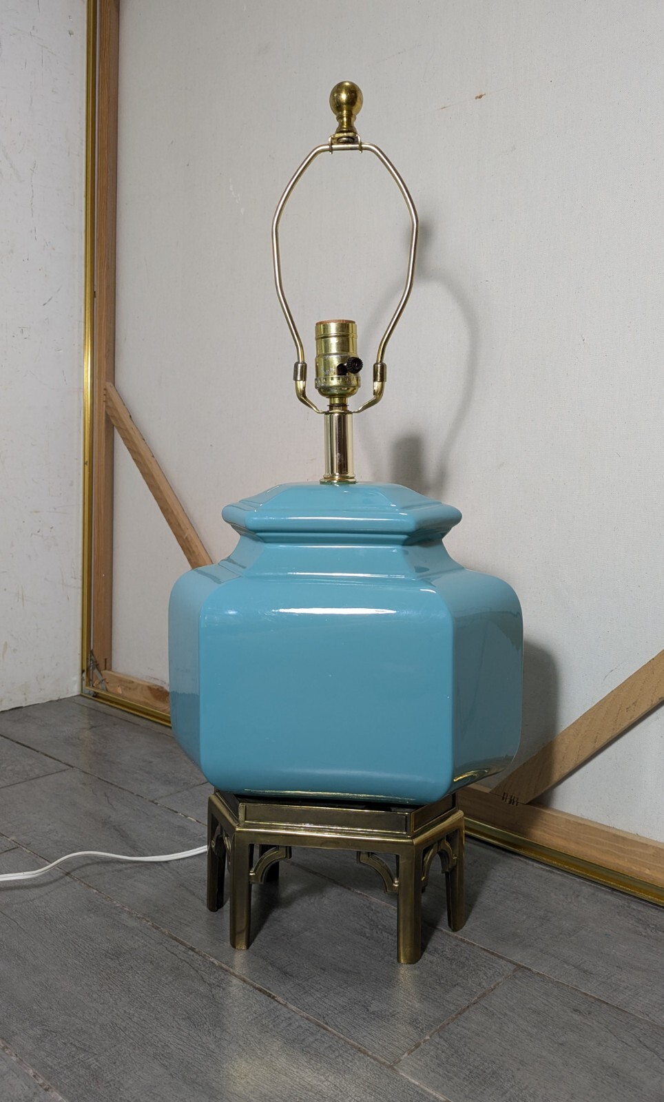 Vintage Fine Art (Hialeah, FL) Brass Aqua Blue Ceramic Urn Asian Table Lamp