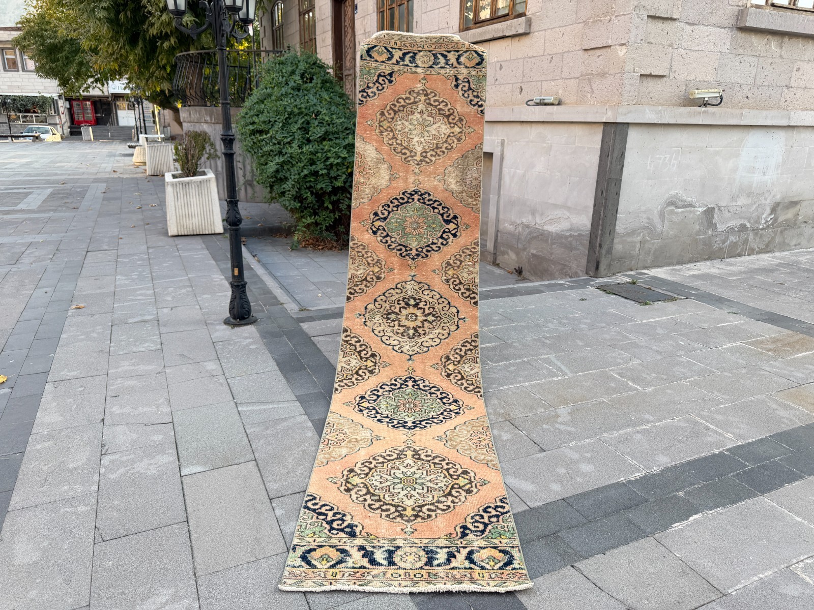 Salmon Oushak Runner Rug 2.6x11.8 ft Vintage Turkish Wool Medallion Carpet