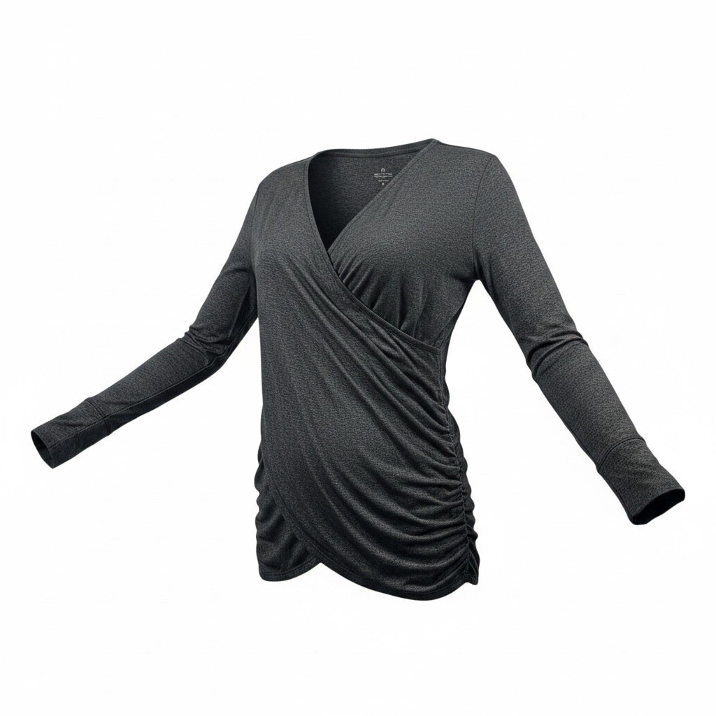 Athleta Essence Wrap Top Womens Medium Charcoal Grey Ruched Long Sleeve 930294