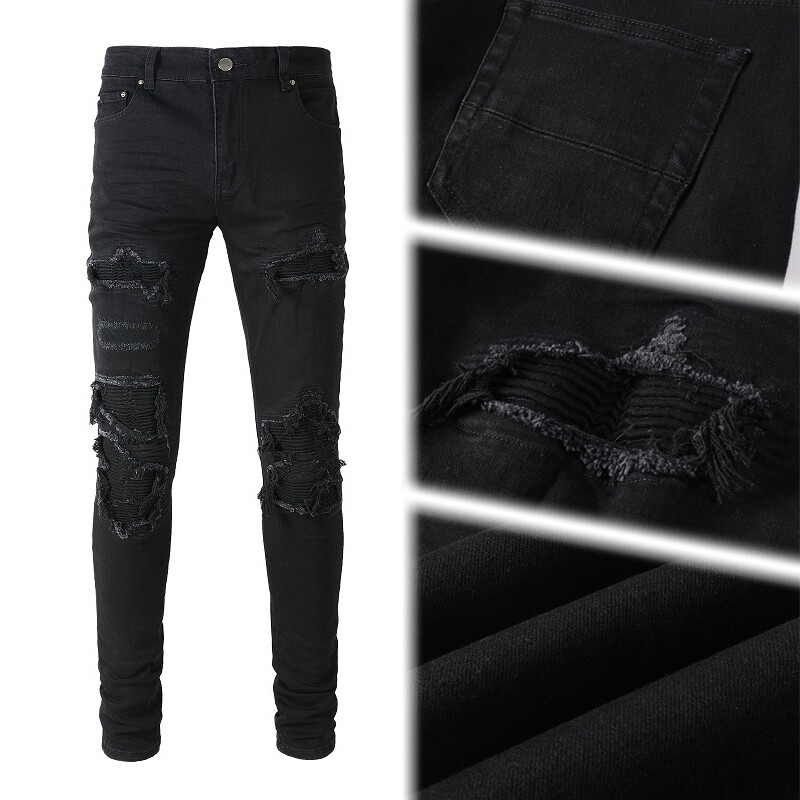 Men's Distressed Skinny Ripped Jeans with Stretch Denim, Flexible Knee Patches Men's Distressed Skinny Ripped Jeans with Stretch Denim, Flexible Knee Patches