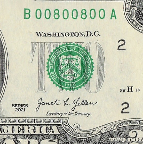 2021 $2 Two Dollar Bill Binary Radar Fancy Serial Number 0s 8s Janet Yellen
