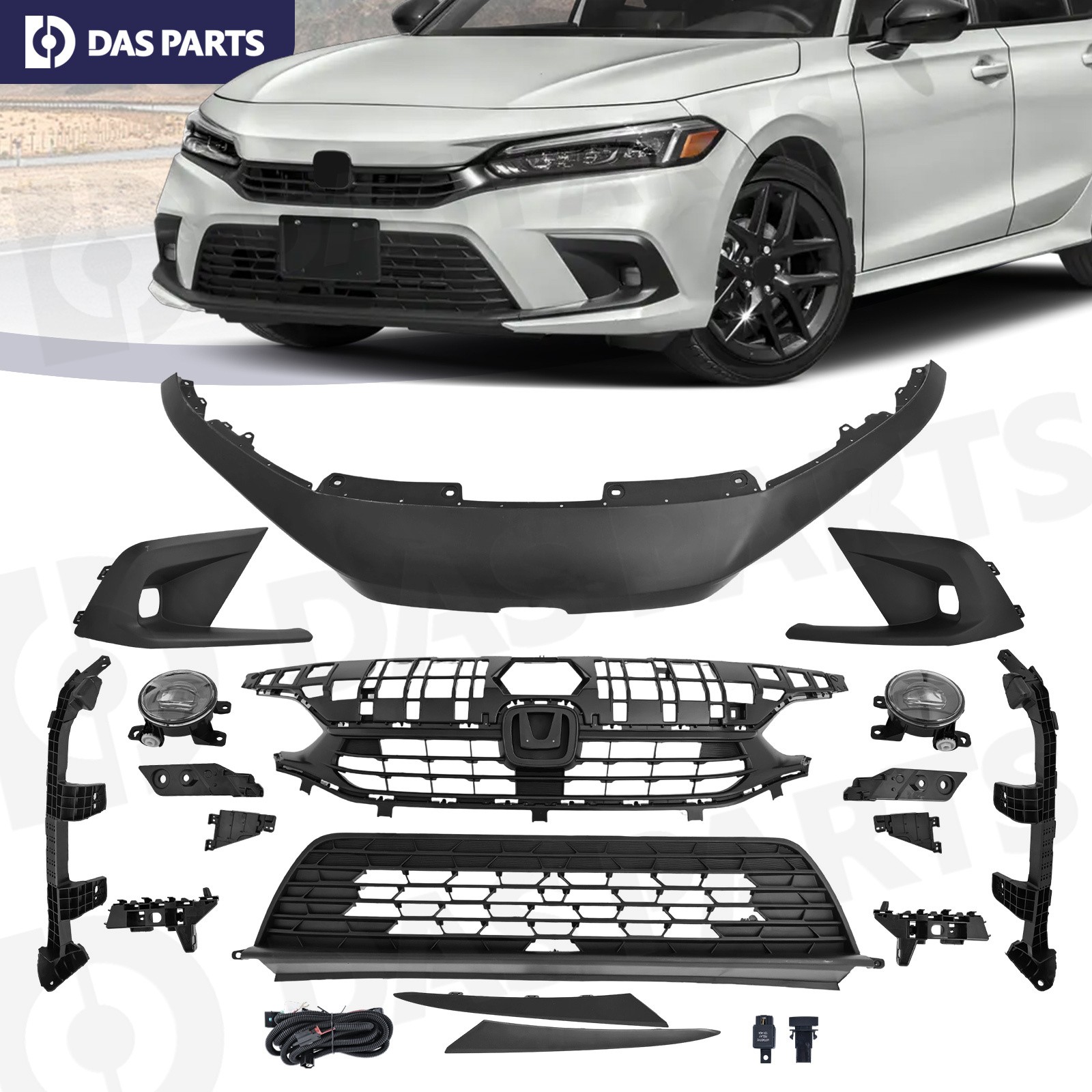 Fits 2022-2024 Honda Civic Front Upper & Lower Grille Kit W/ Fog Light & Bracket