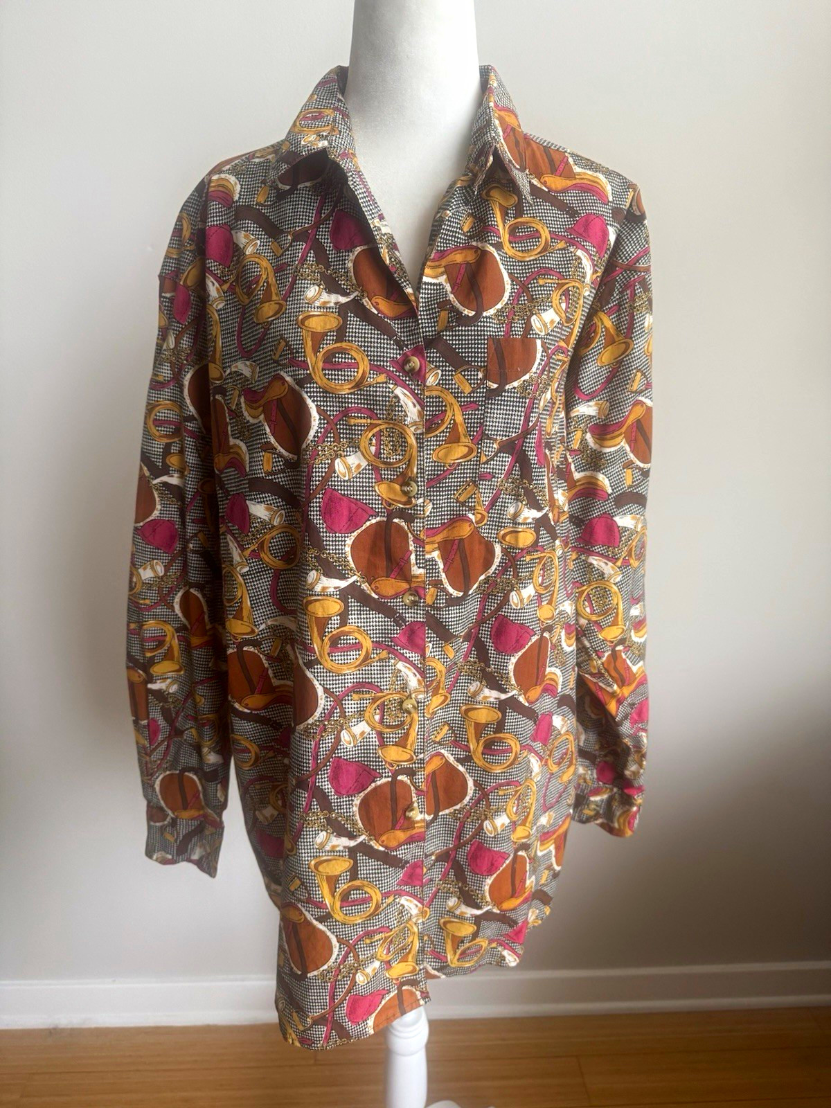Vintage 90’s Equestrian Print Women\'s NWOT Houndstooth Button-Down Blouse Sz L
