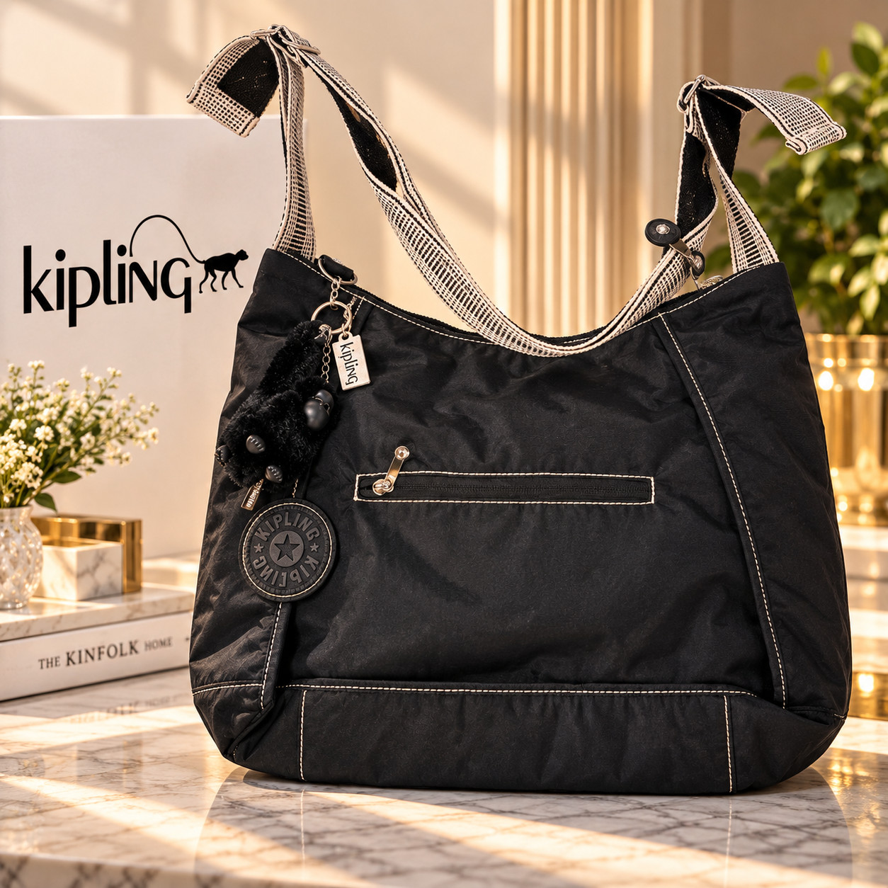 Kipling Esy Shoulder Bag Black Noir KI9891 Monkey Keychain NWT