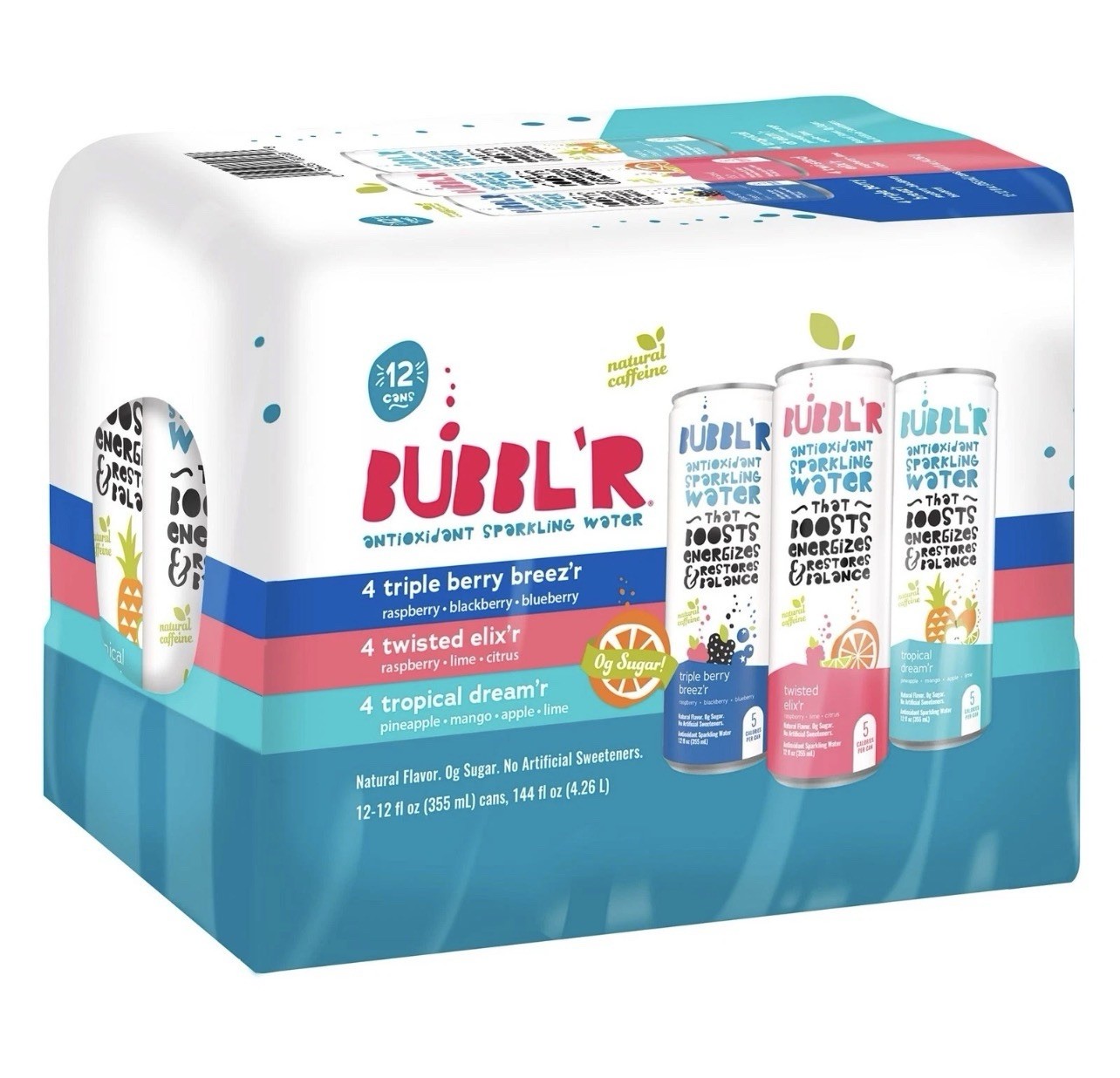 Bubbl\'r Antioxident Sparkling Water, Variety, 12 fl oz, 12-pack