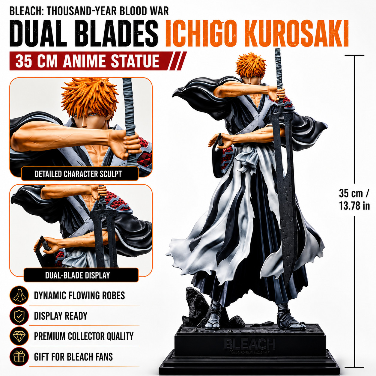 35CM Bleach Ichigo Kurosaki Dual Blades Figure TYBW Anime Statue Collectible Toy
