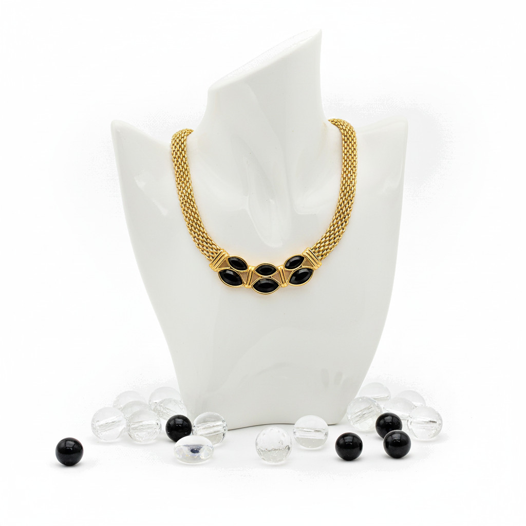 Vintage SAL Swarovski Pre-Swan Gold Mesh Choker Black Crystal 80s Signed Glam