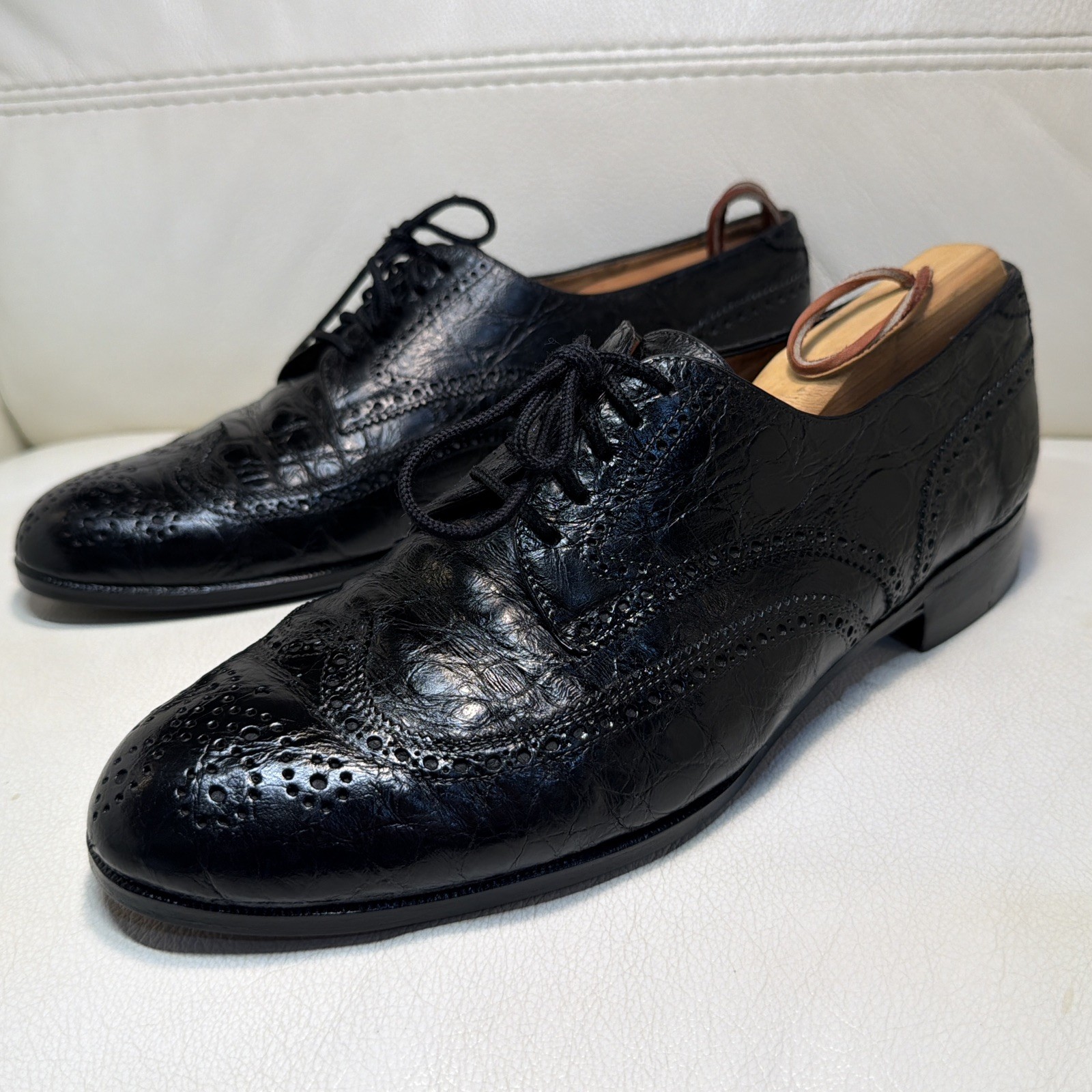 Vintage Full Alligator Italy A.Testoni Men\'s 8.5 Black Exotic Dress Shoes RARE
