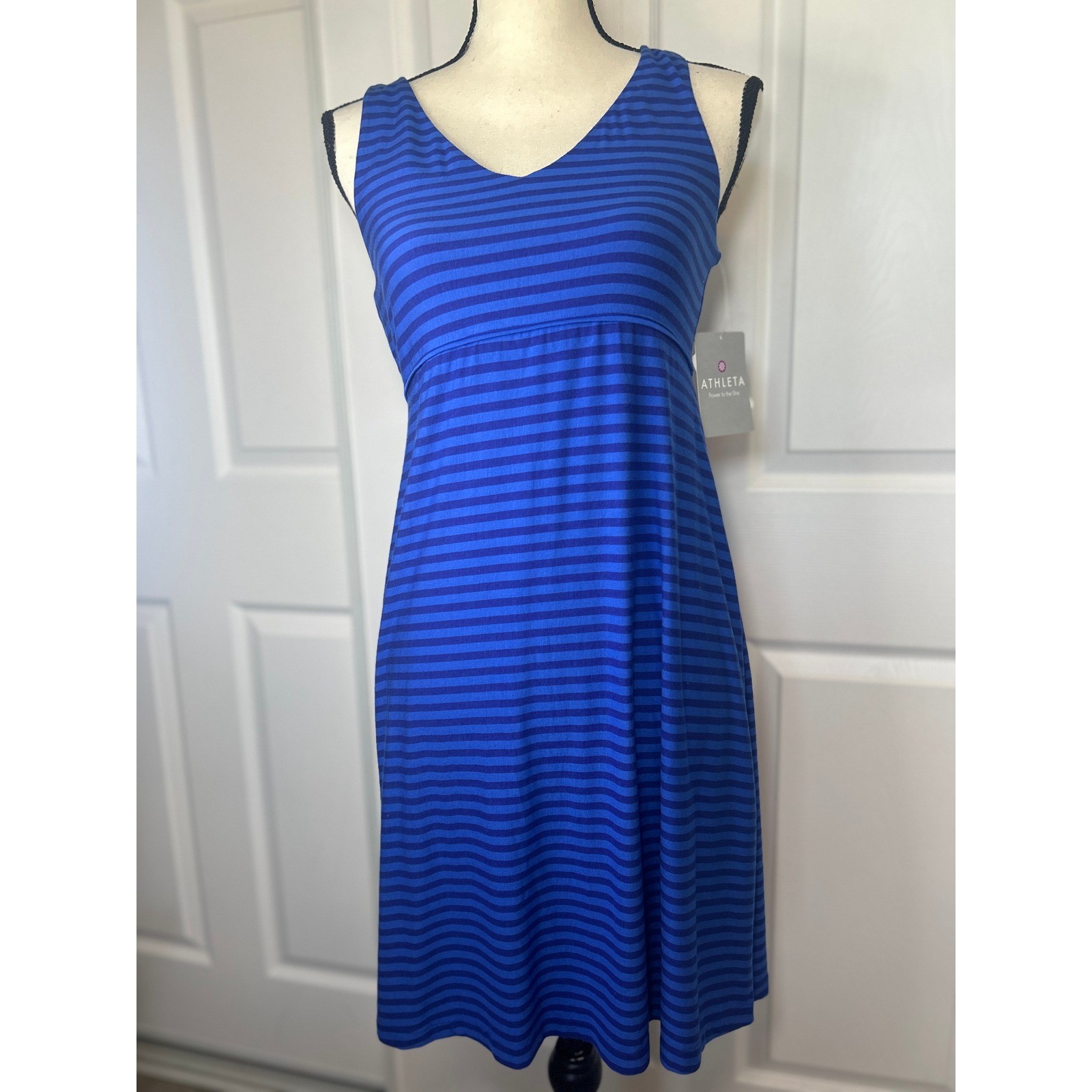 NWT Athleta Santorini 2 Dress Blue Stripe Size M MicroModal Soft Travel Casual
