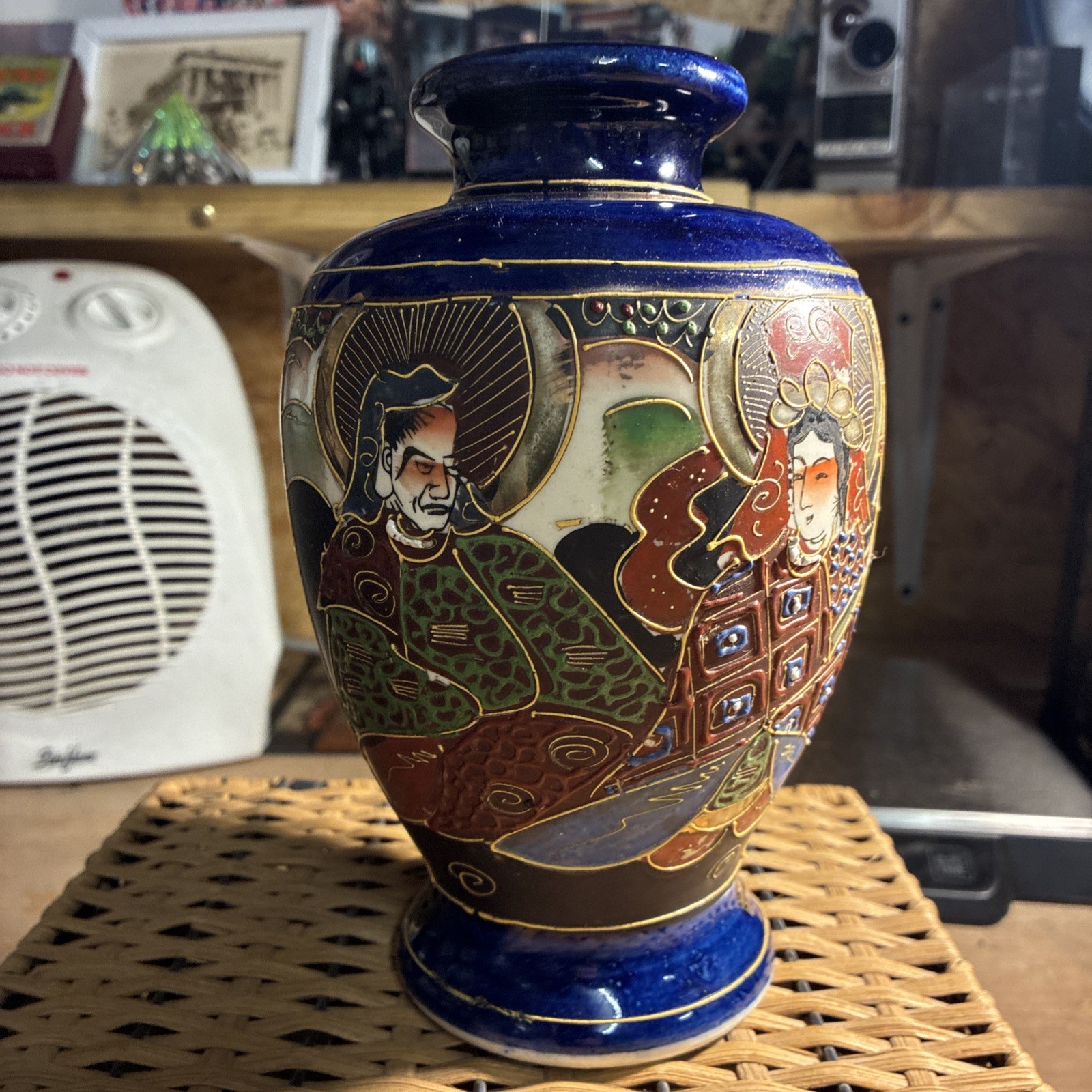 ANTIQUE JAPANESE SATSUMA GILDED COLBAL BLUE VASE WITH IMMORTAL GODDESS ANTIQUE JAPANESE SATSUMA GILDED COLBAL BLUE VASE WITH IMMORTAL GODDESS