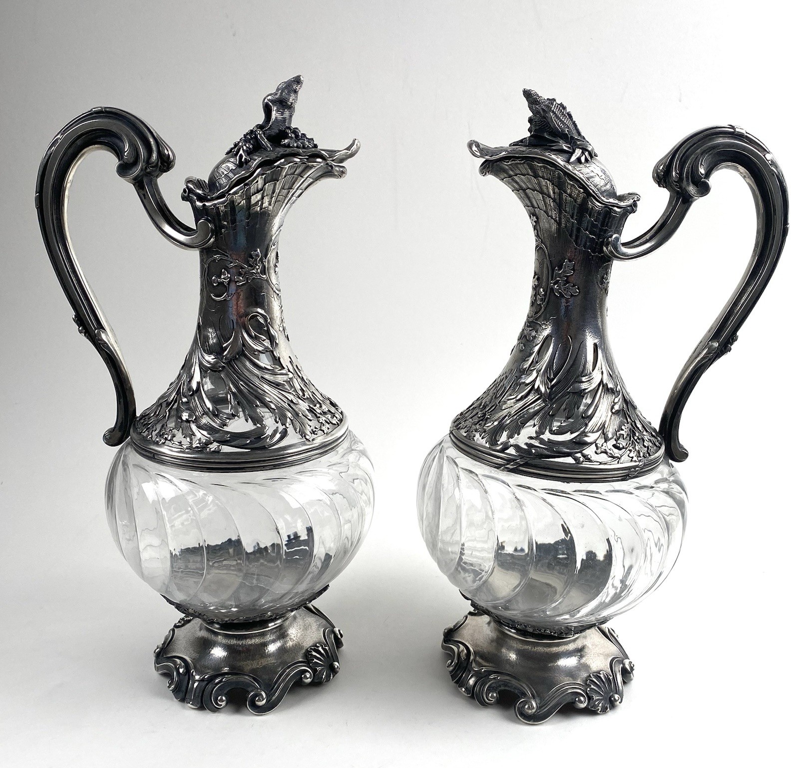 Magnificent Pair French Solid Silver Wine Ewers 19th C Magnificent Pair French Solid Silver Wine Ewers 19th C