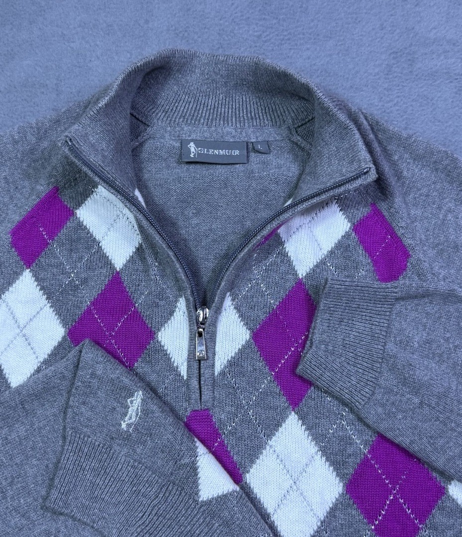 Glenmuir Sweater Mens L Argyle Golf 1/4 Zip Pullover Cashmere Cotton Athleisure