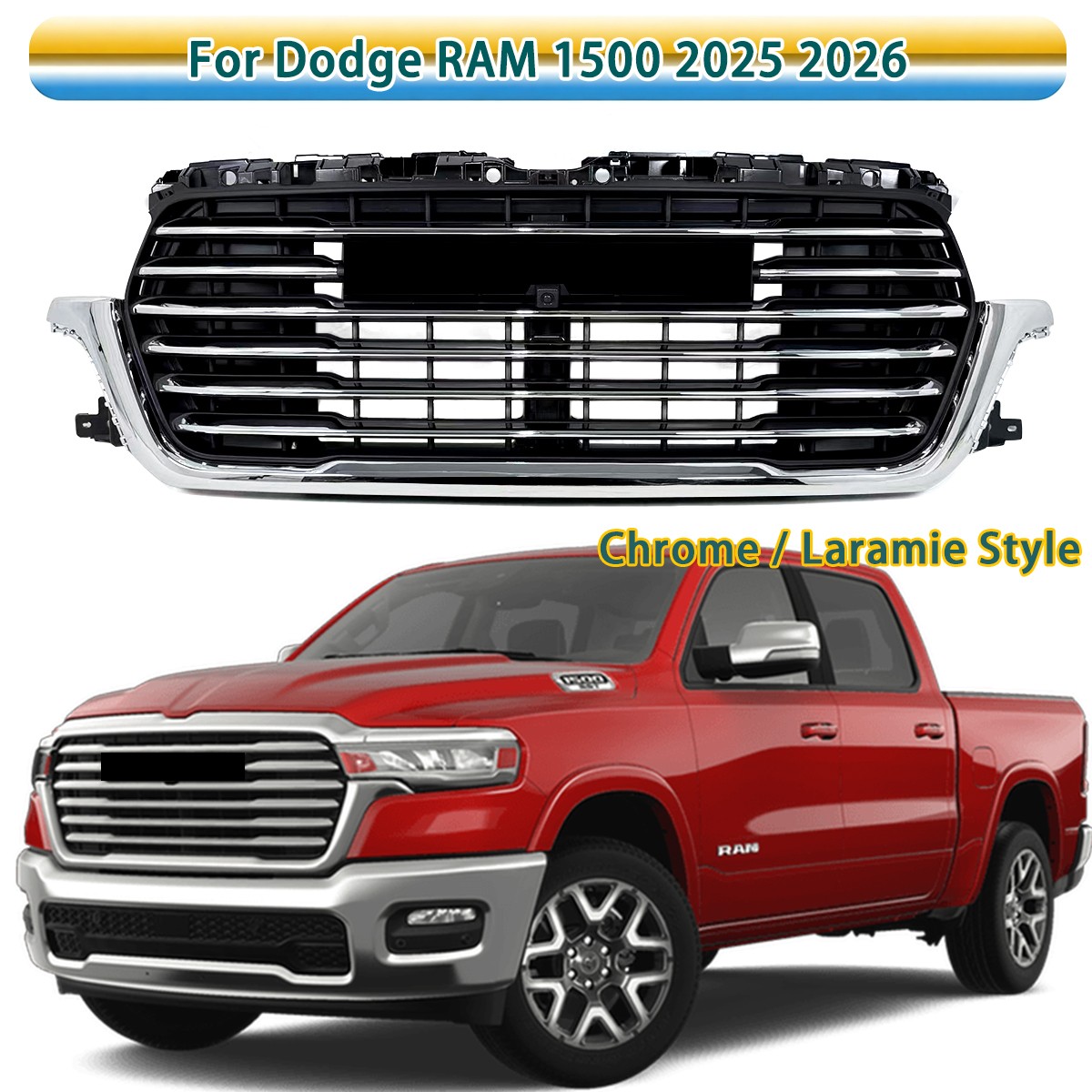 Chrome Front Bumper Grille Grill Replace Fits Dodge Ram 1500 Laramie 2025-2026