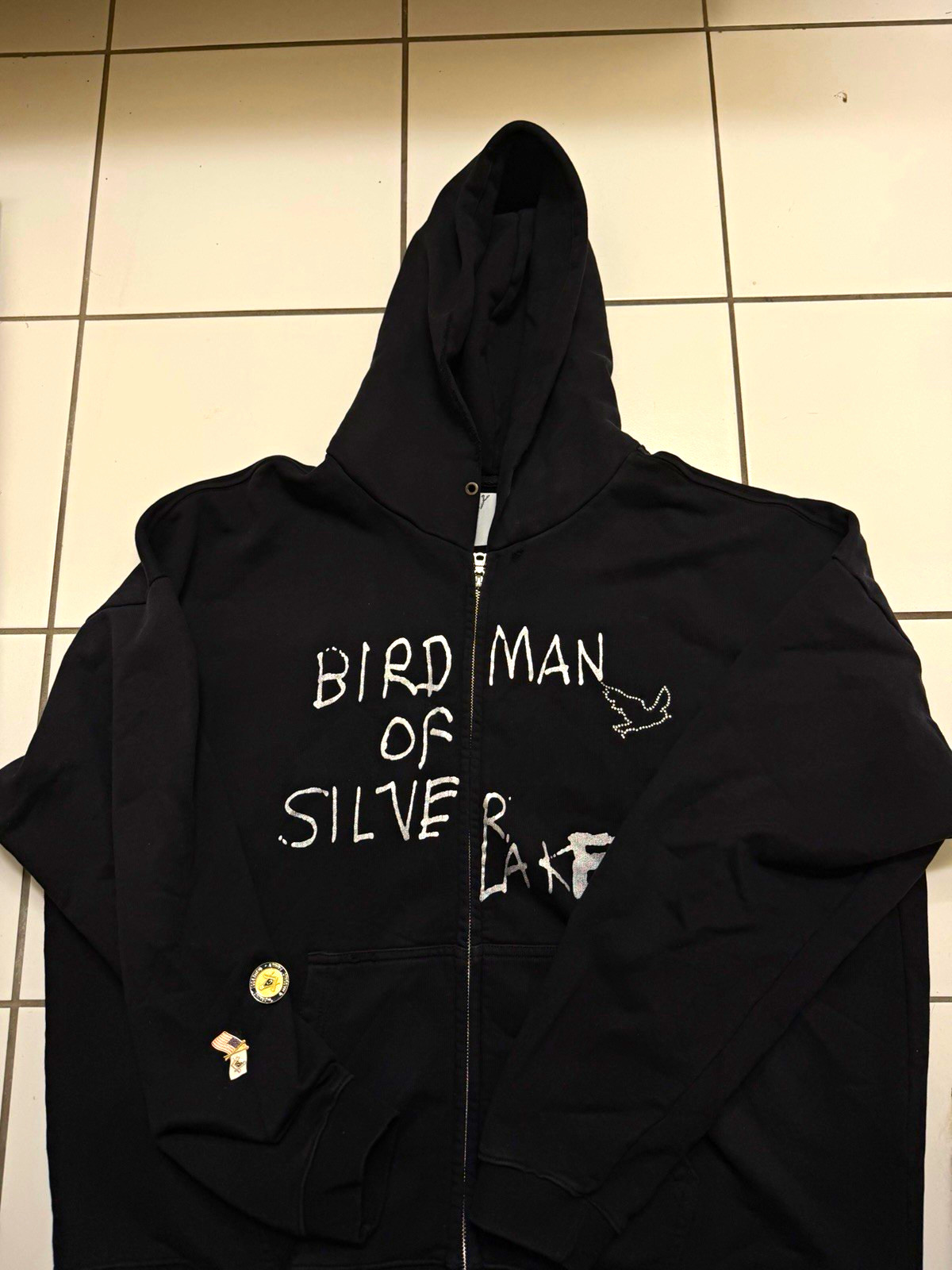 Vintage Black Paly Hollywood Birdman of Silver Lake Zip Oversized Hoodie w Pins