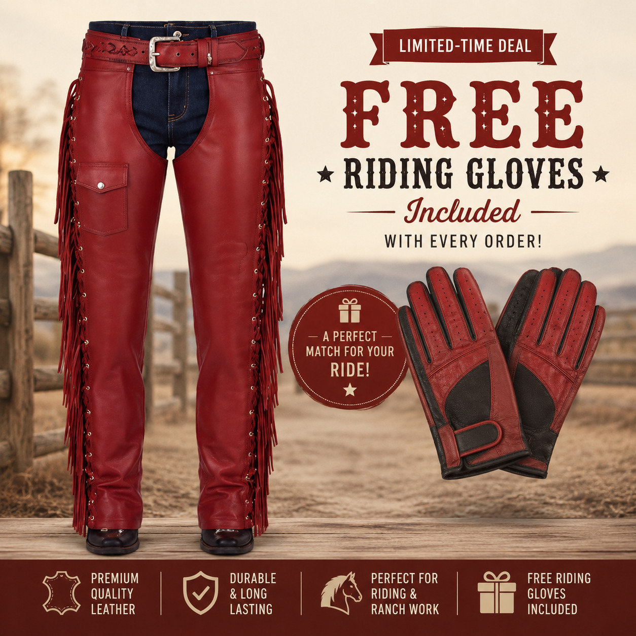 Handmade Red Leather Western Riding Chaps | Ladies Full Length Fringe Detail