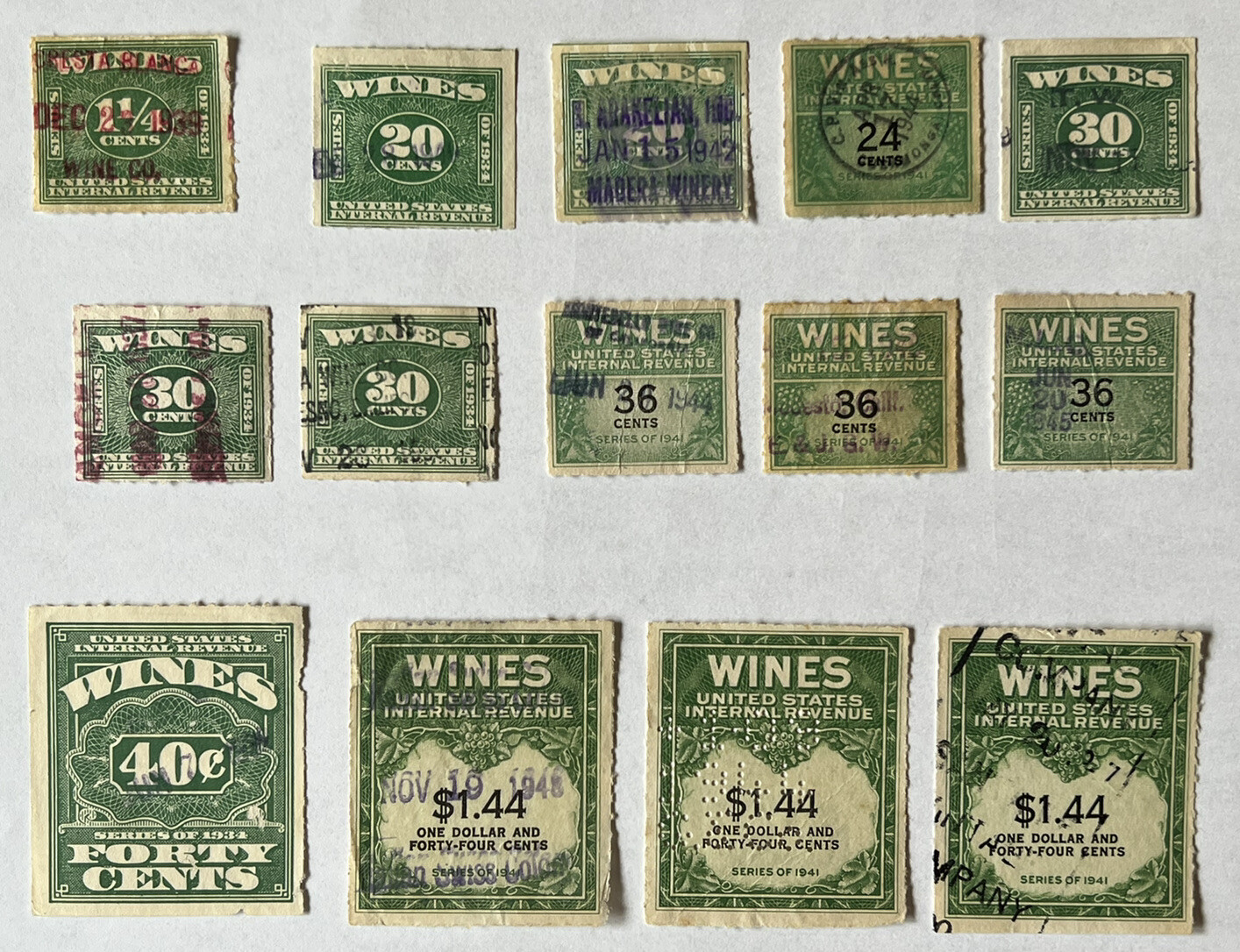 INVESTOR LOT OF 14 U.S. GREEN LARGE WINES TAX STAMPS #1 INVESTOR LOT OF 14 U.S. GREEN LARGE WINES TAX STAMPS #1