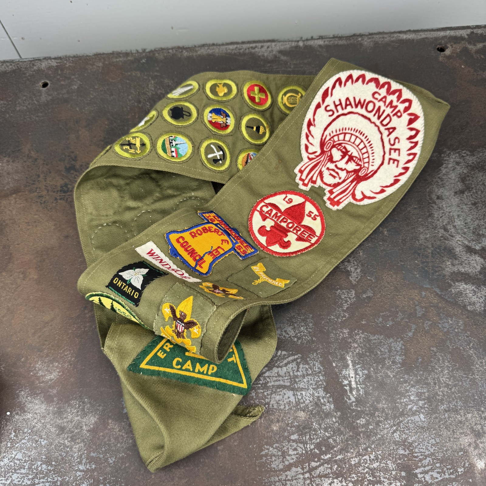 Vtg c.1950s Boy Scouts Sash FELT Camp Shawondasee / Ernwigle Scout Camp Patches