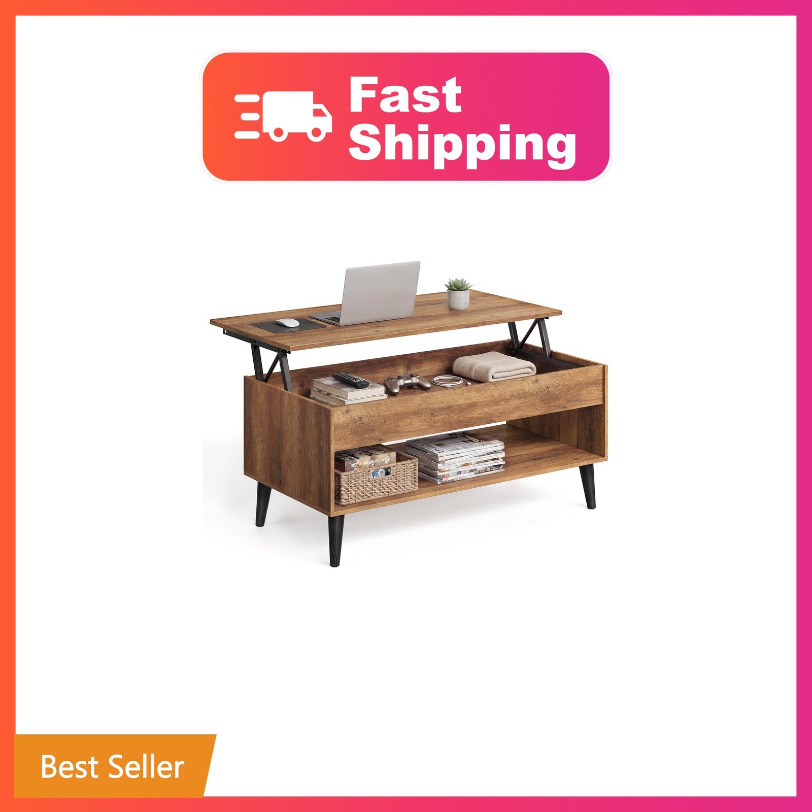 VASAGLE Lift Top Coffee Table, Honey Brown 19.7\