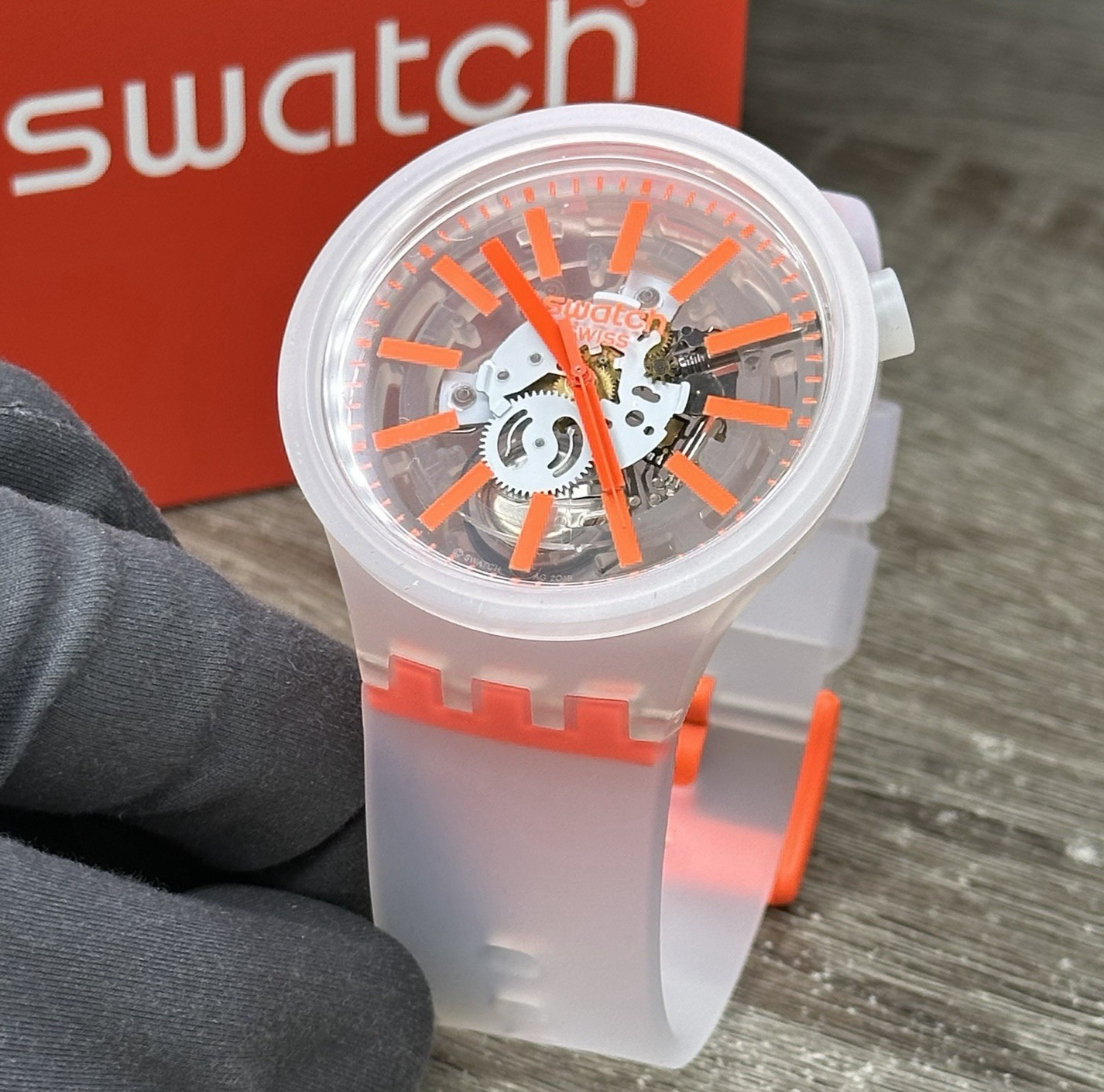 NEW✅SKELETON✅ Swatch Big Bold ORANGEINJELLY Transparent Men's Watch SO27E102