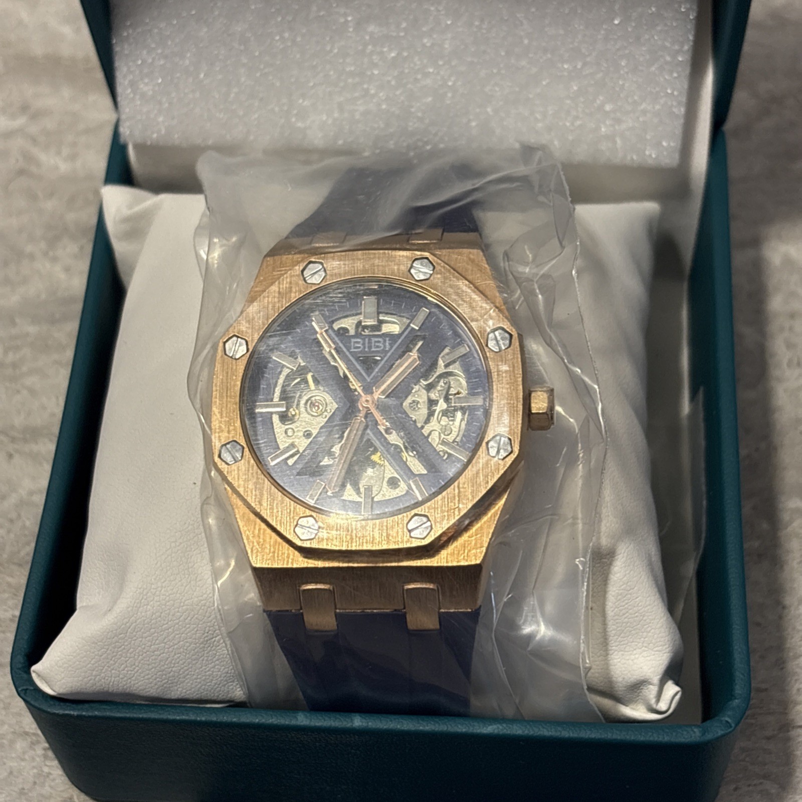 ​BiBi Automatic Watch Rose Gold Octagon Case Blue Rubber Strap Skeleton Dial Box