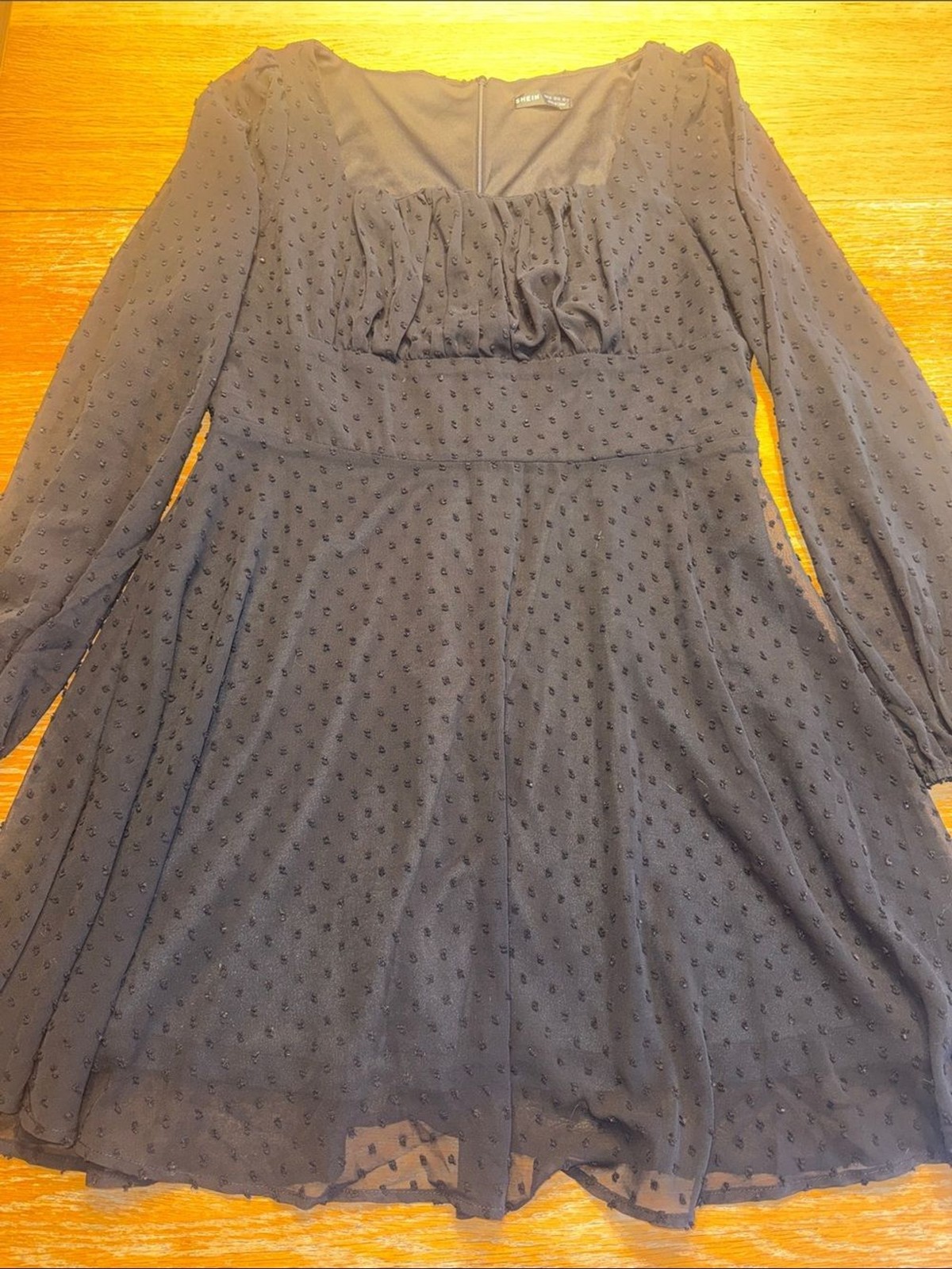 SHEIN Black Long Sleeve Swiss Dot Fit & Flare Dress