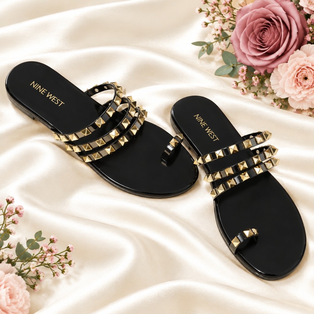 Nine West Centy Black Studded Toe Loop Flat Sandals Size 6 NIB Rockstud Jelly