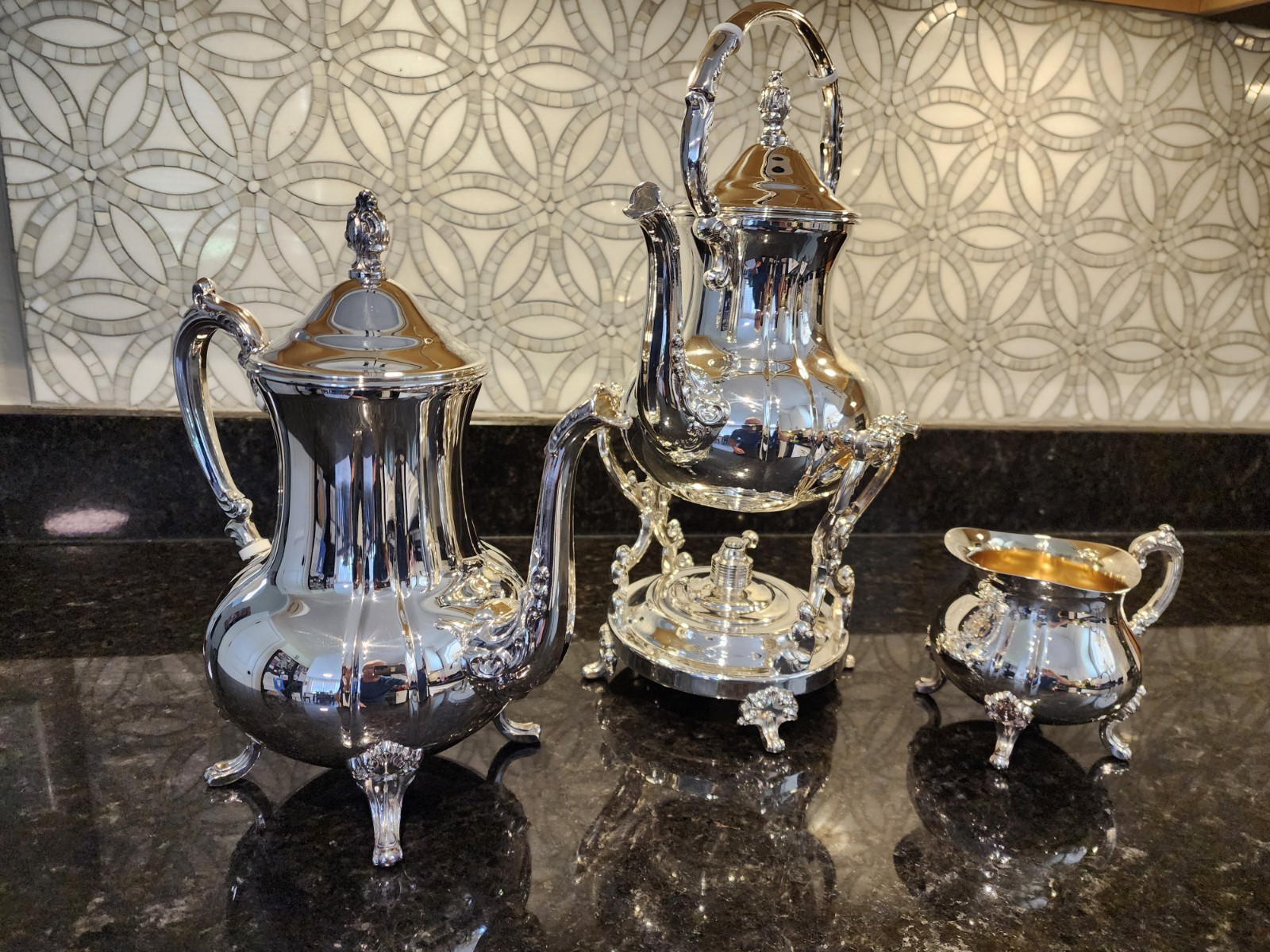 Vintage Towle GRAND DUCHESS Silverplate 3-Pc Tea Set, Tilting Kettle on Stand
