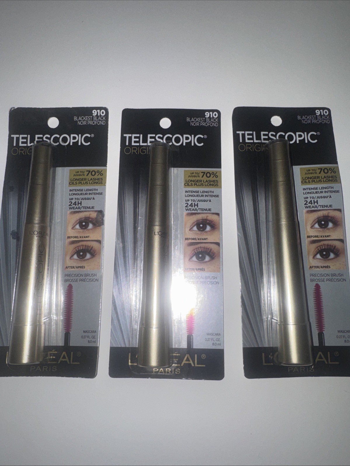 3pc Loreal 910 BLACKEST BLACK  Telescopic Original Mascara Washable .27oz OG NIP