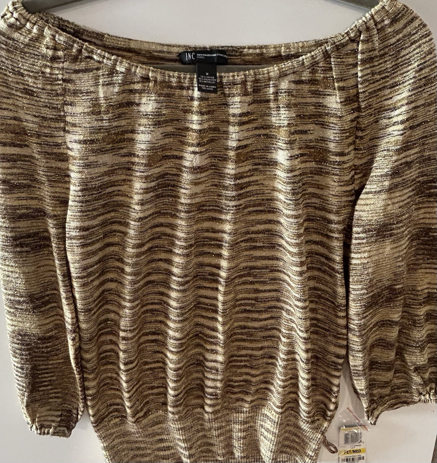 INC International Concepts Petite M Gold Metallic Striped Boat Neck Sweater NWT