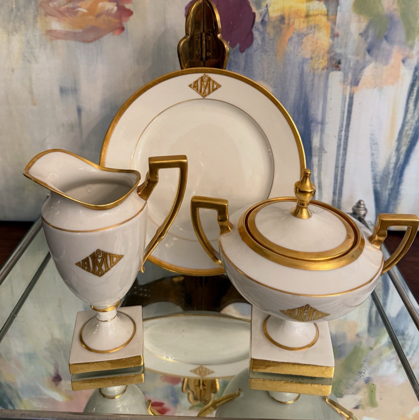 Antique French Limoges Porcelain 6-Pc Set |Gilded Gold Monogram Tea & Dessert