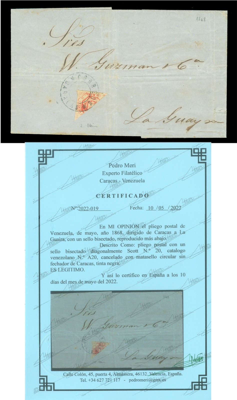 VENEZUELA 1868 Coat of Arms 1real BISECTED Sc# 20a used on Entire to La Guaira