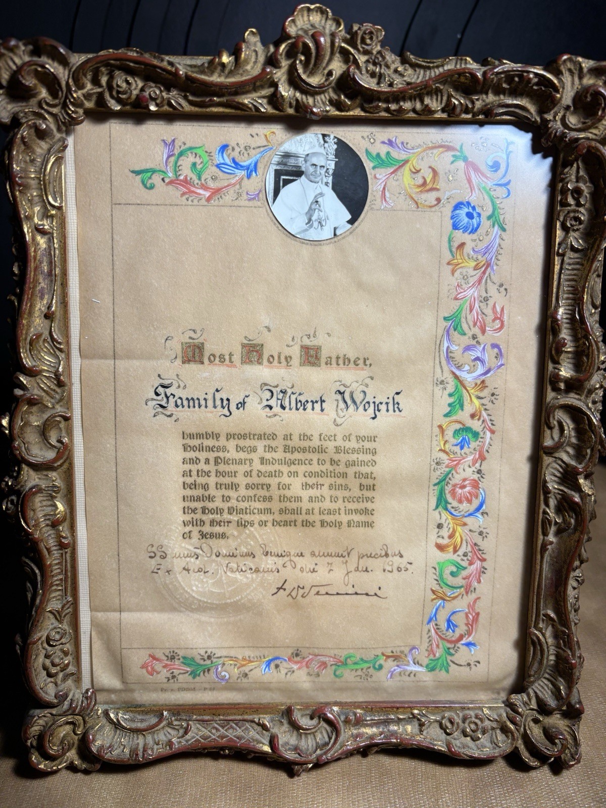 Vintage Vatican Framed Apostolic Blessing Pope Plenary Indulgence Albert Wojcik