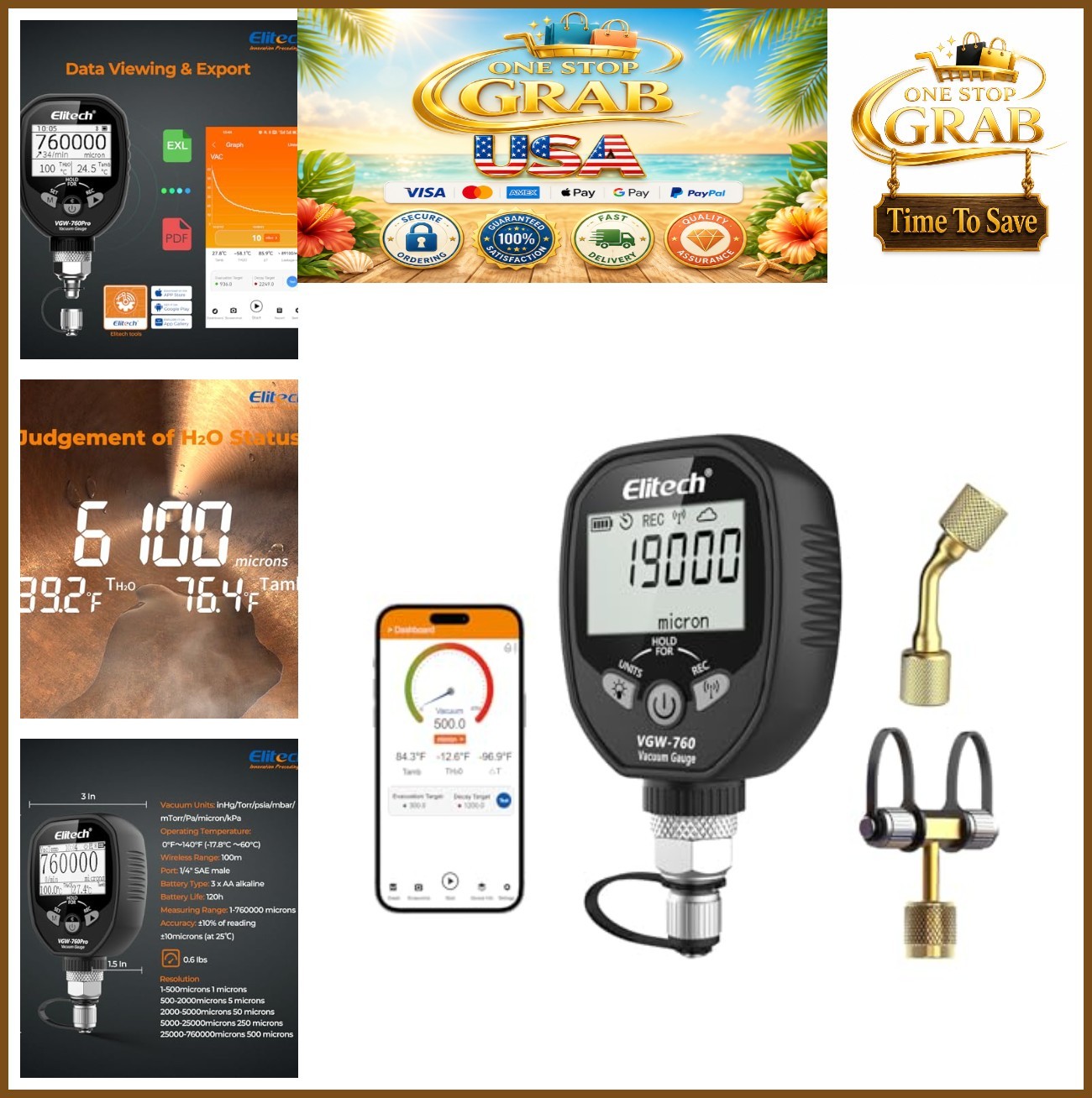 Wireless Digital Vacuum Gauge 0-760000 Micron 1/4 SAE HVAC Refrigeration