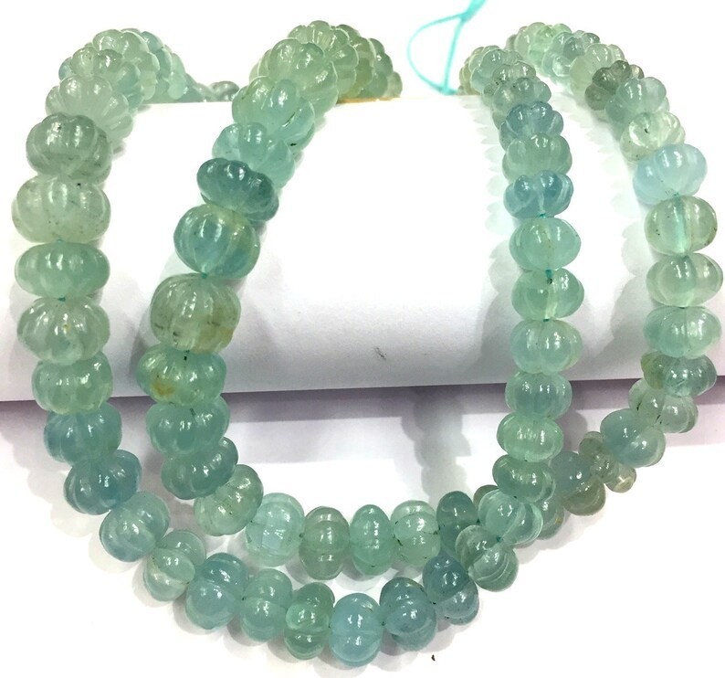 Extremely Beautiful~Rare Aquamarine Melon Beads Carved Necklace Gemstone Beads.