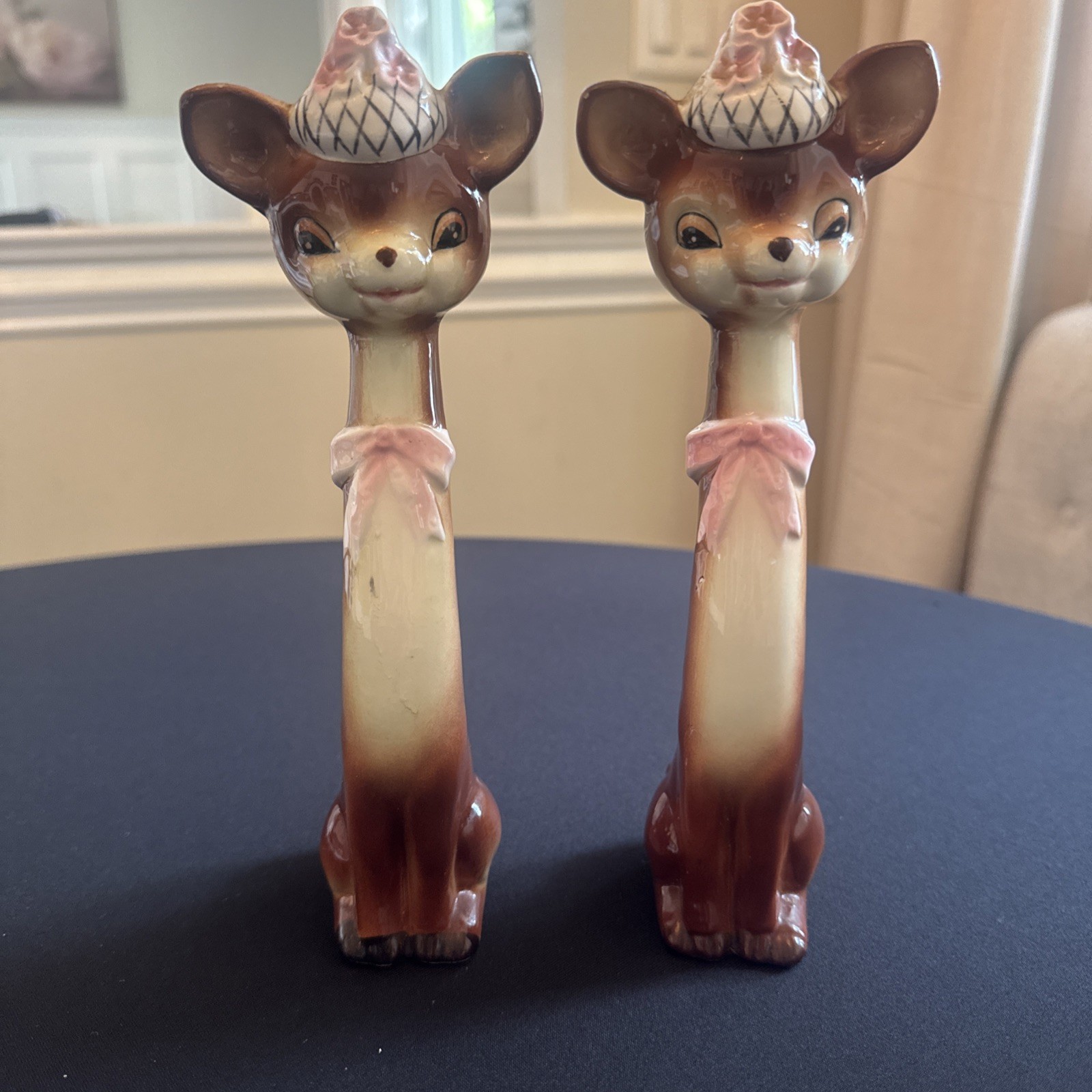 Vintage 1956 NAPCO Bambi Deer Salt & Pepper Shakers Long Neck Floral Hats Pair Vintage 1956 NAPCO Bambi Deer Salt & Pepper Shakers Long Neck Floral Hats Pair