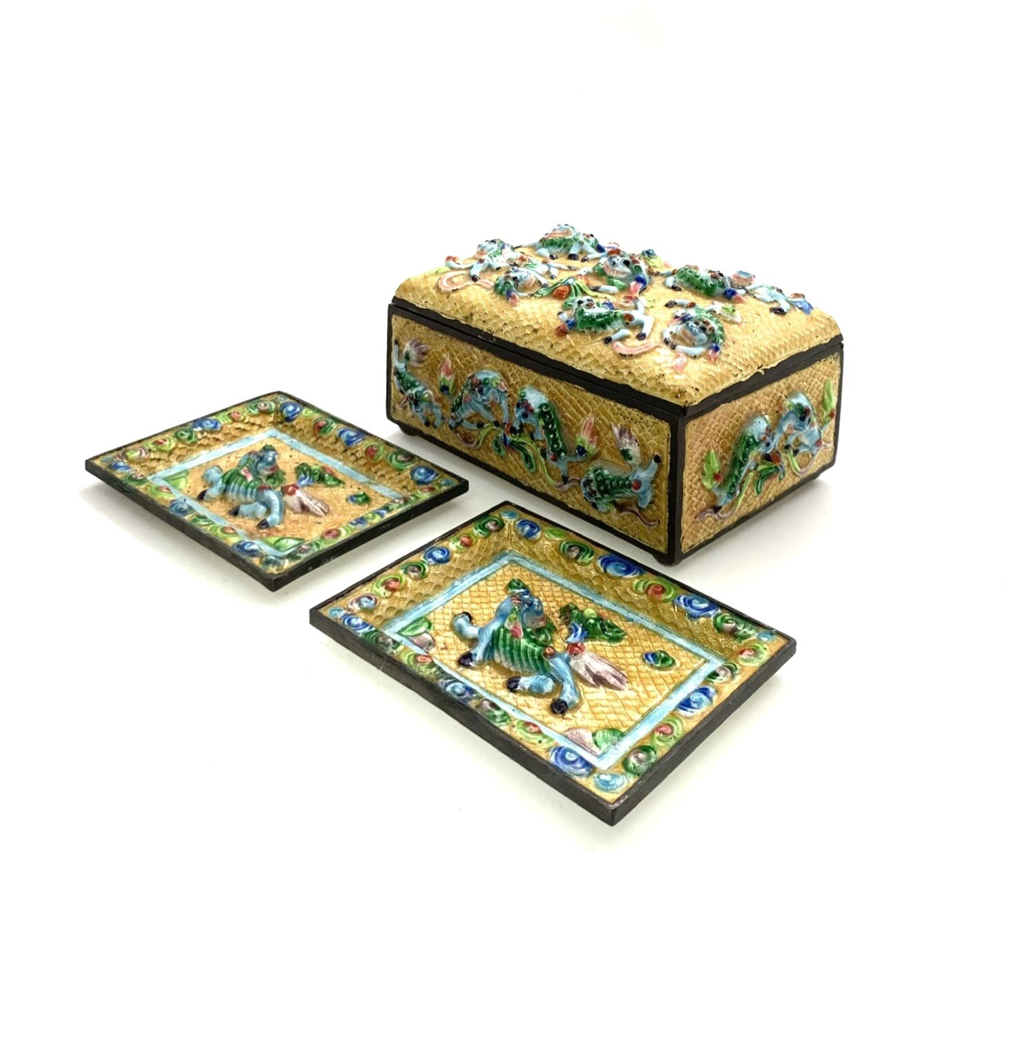 Chinese Enameled Metal Box Set with Foo Dog Design Antique Oriental Collectible