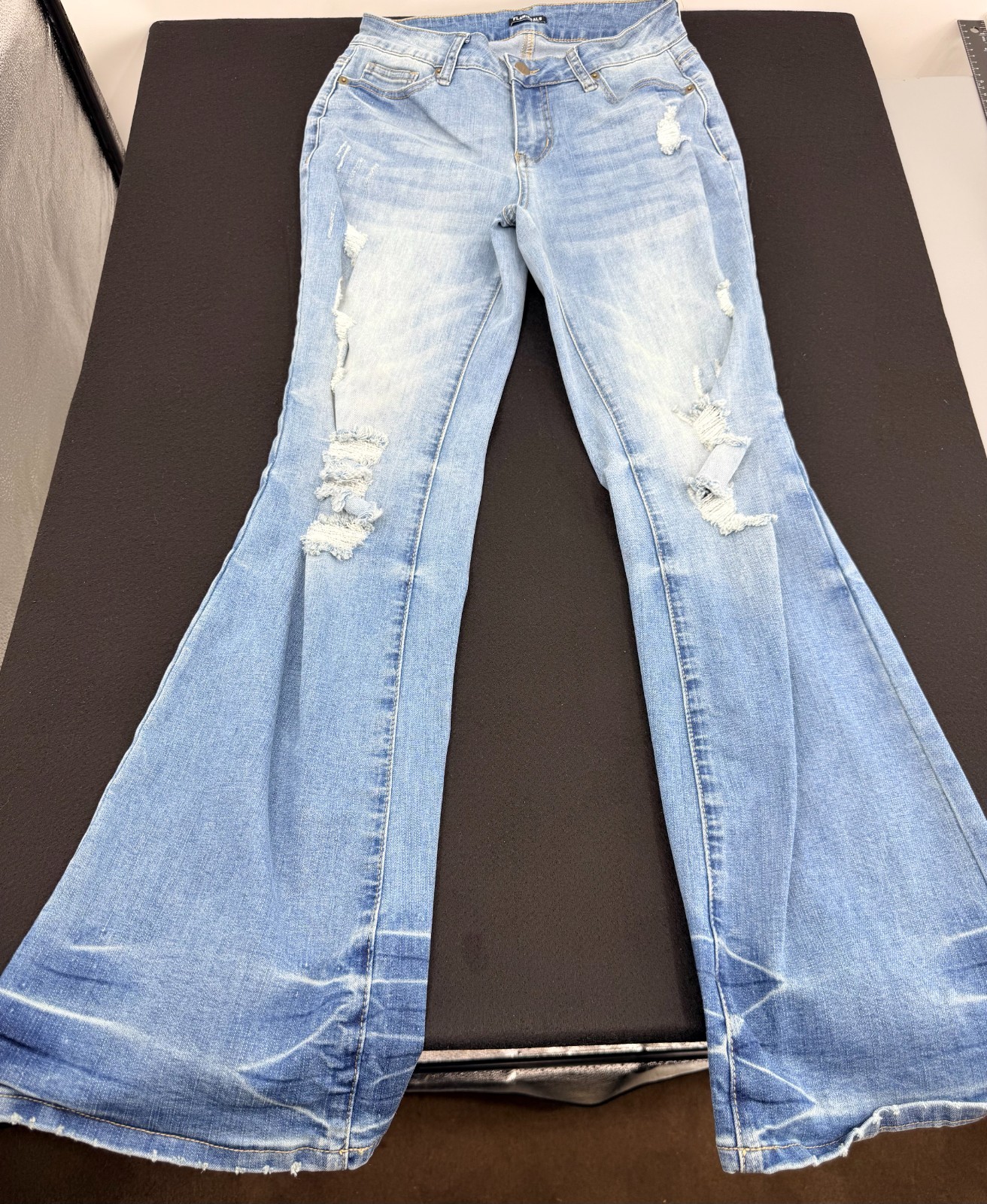 Flamingals Jeans Womens S Distressed Extreme Flare Bell Bottom Y2K Light Wash Flamingals Jeans Womens S Distressed Extreme Flare Bell Bottom Y2K Light Wash