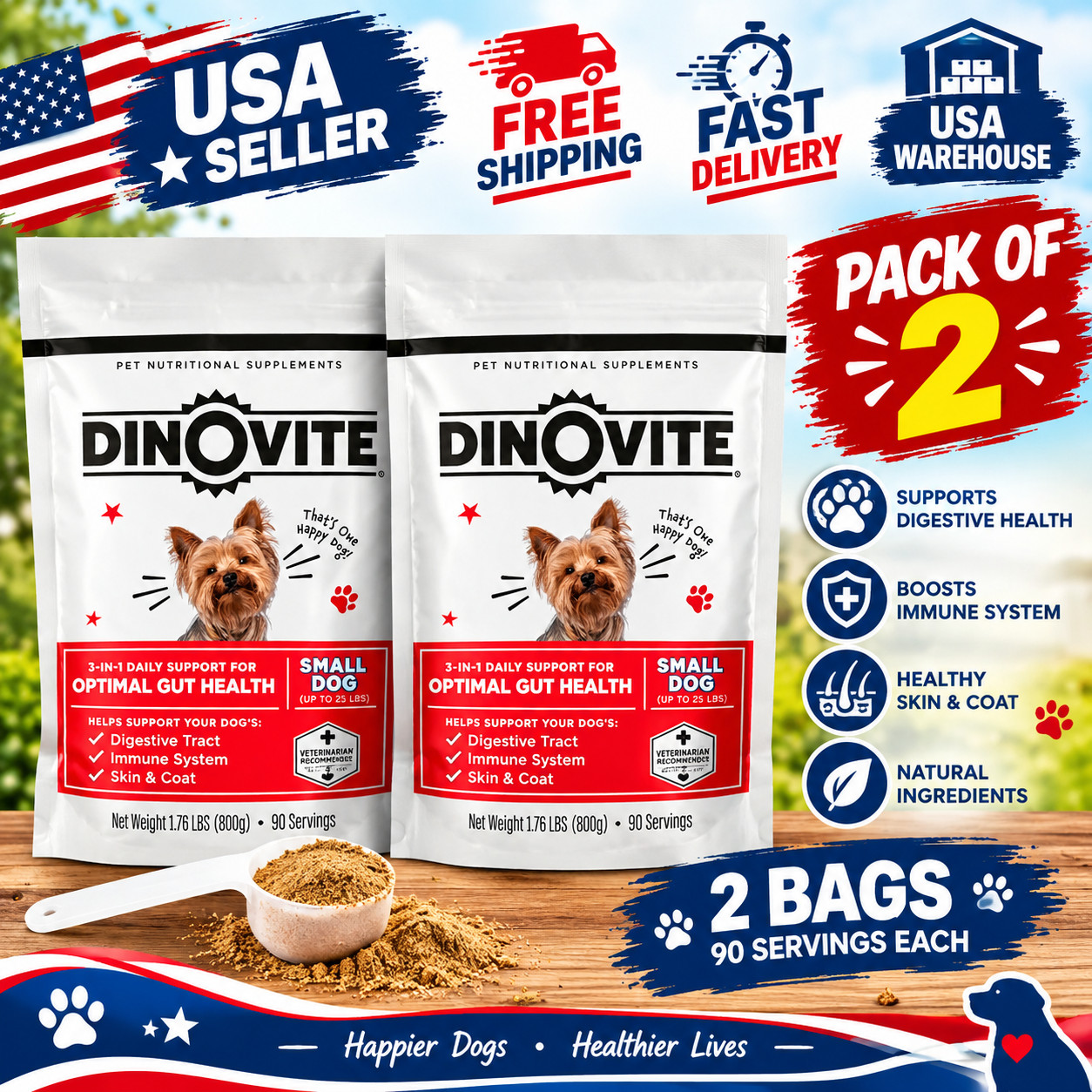 Dinovite for Small Dogs | Probiotic Supplement for | 1-18 lbs | 90 Servings 2Pac