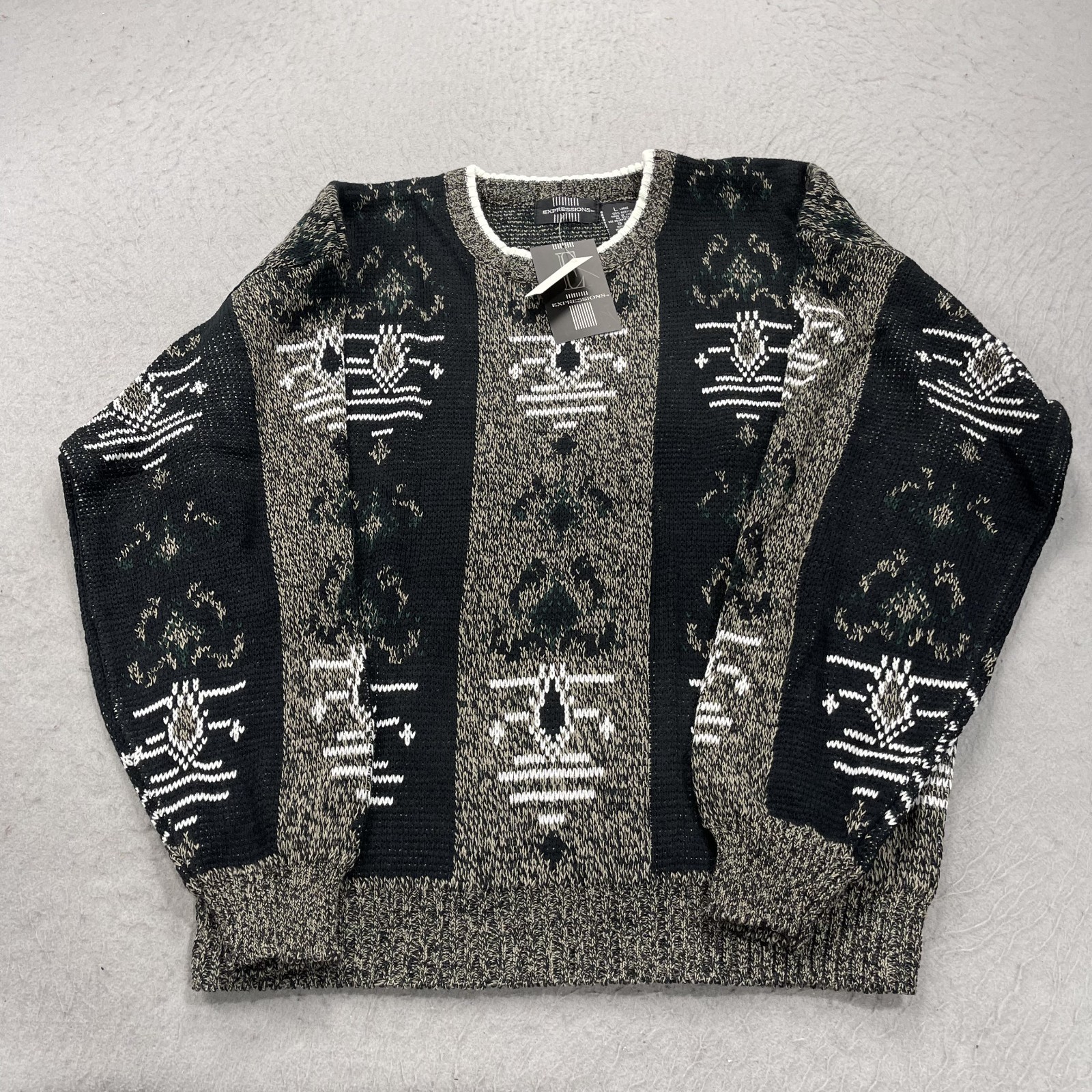 VINTAGE Grandpa Sweater Mens Large Beige Black Loud Knit Crewneck DEADSTOCK 80s