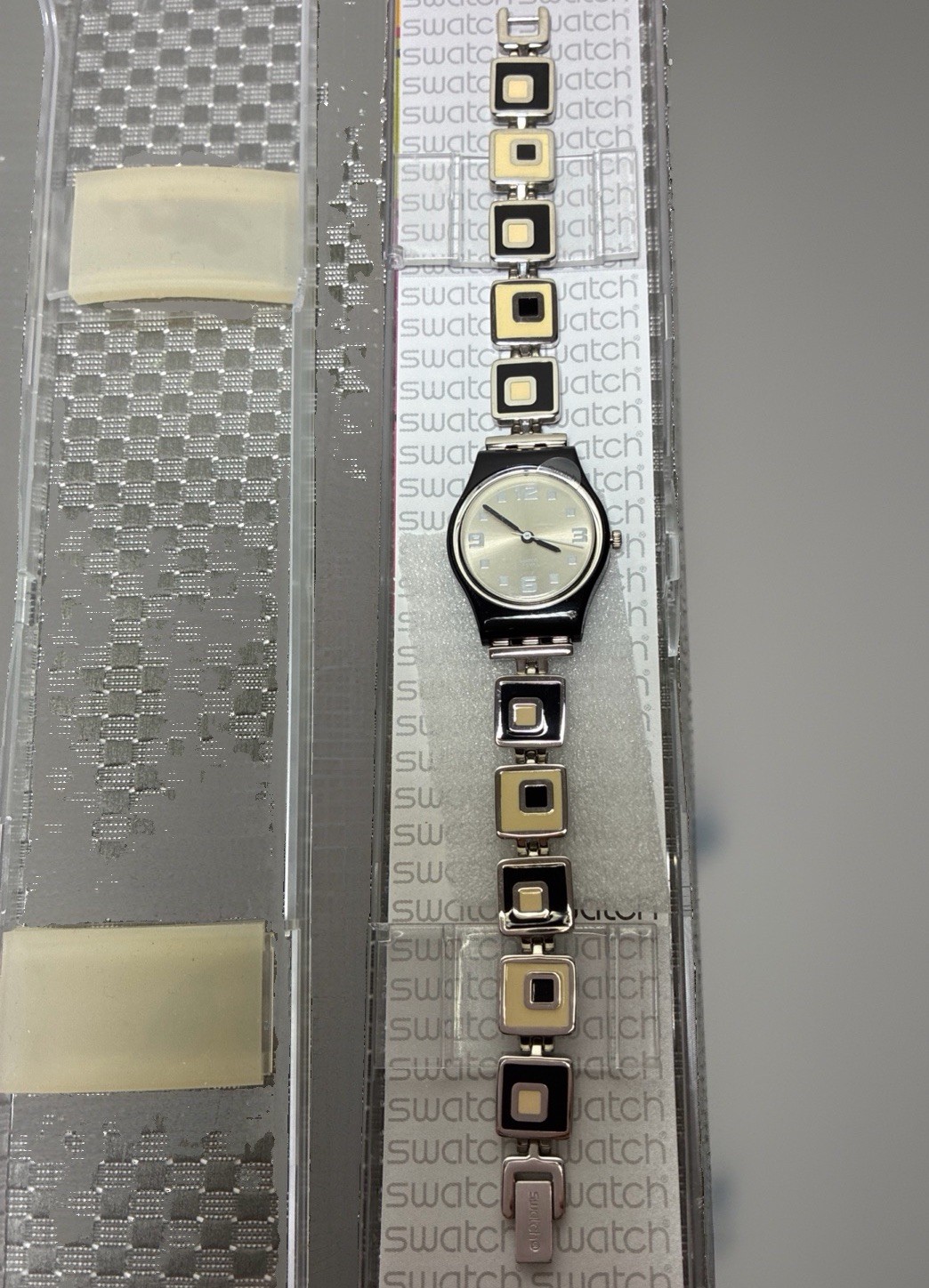 VTG Swatch LB160G Swiss Made Quartz Watch White Dial Black Case NIB With Papers