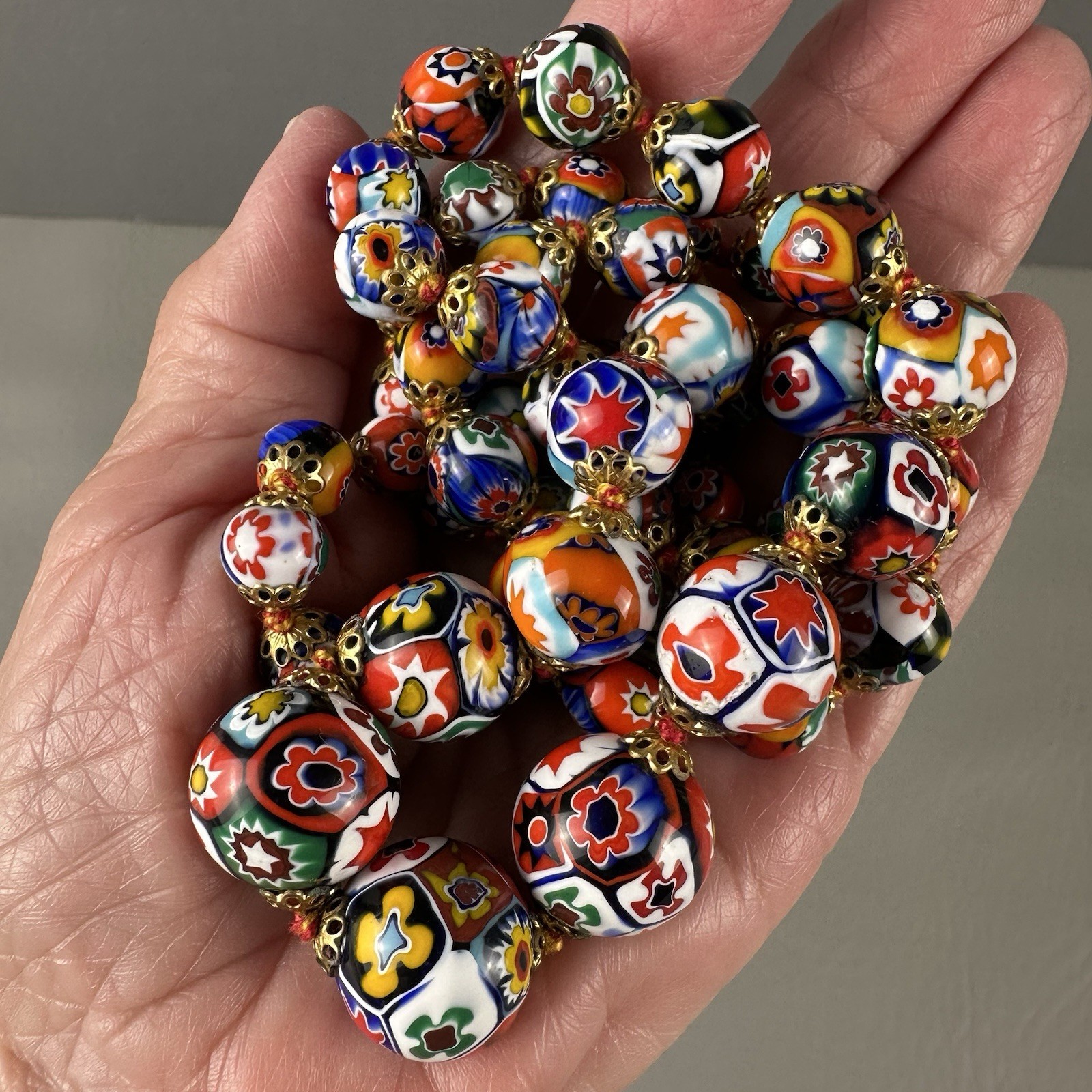 Vintage Millefiori Glass Bead Necklace Venetian Style Graduated 16mm 28