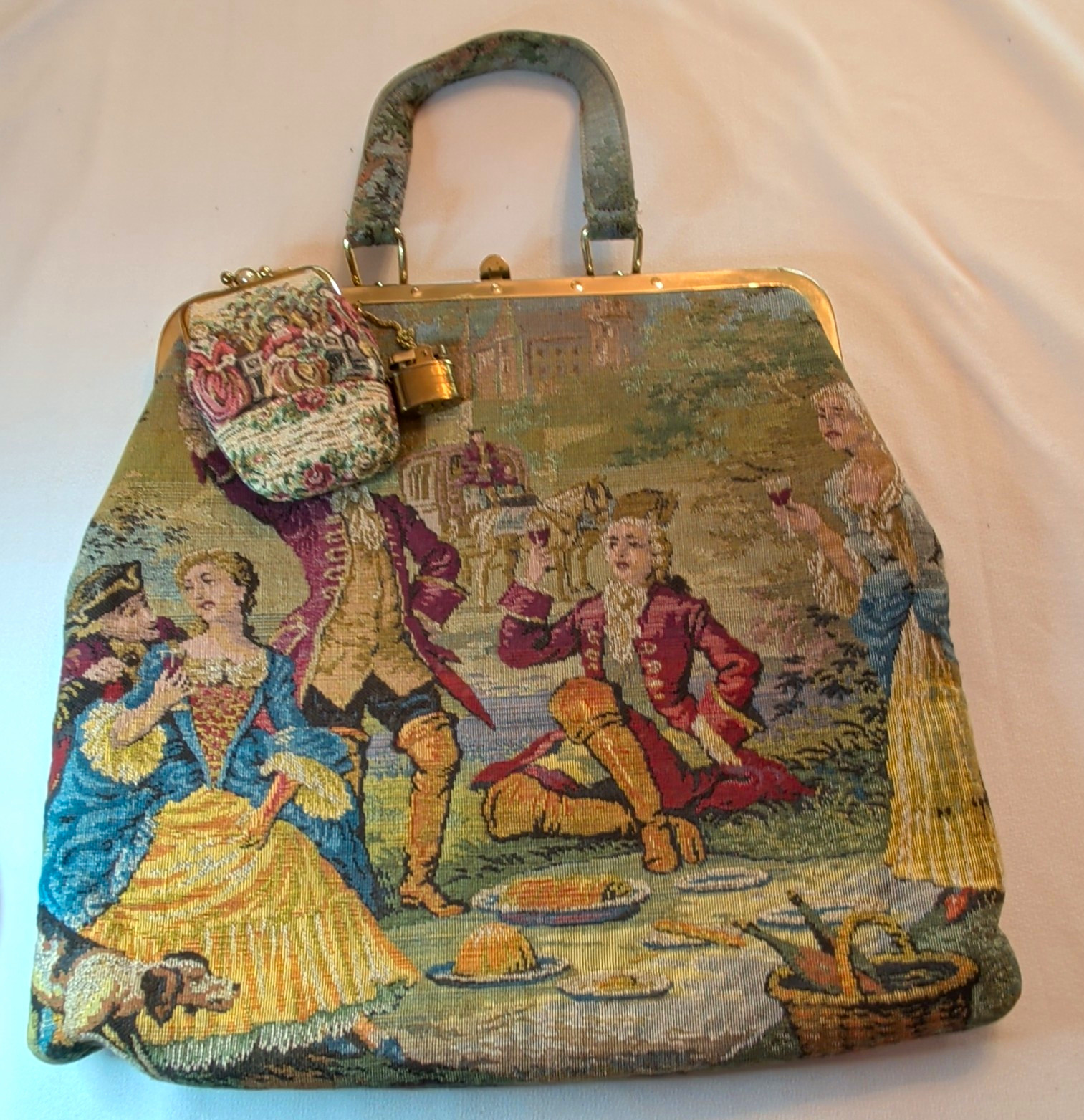 Vtg 1950s JR Florida Tapestry Handbag Set Baronet Coin Purse Pacton Japan Lighte