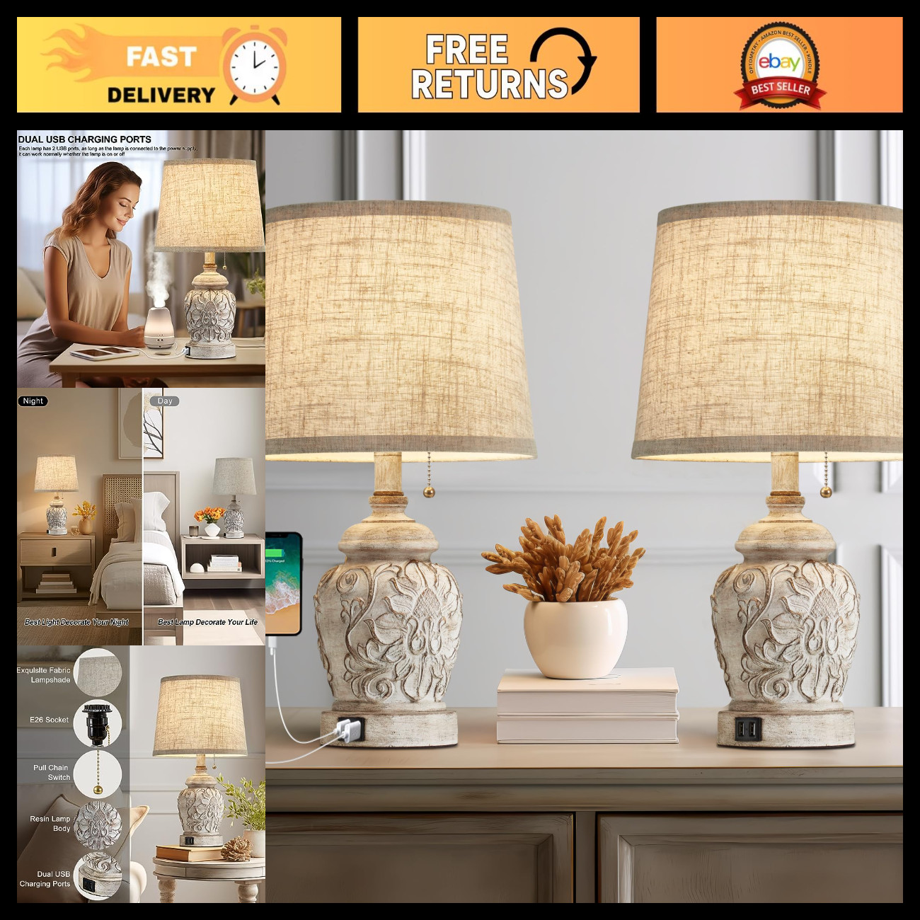 Vintage Rustic Table Lamp Set of 2 - Farmhouse USB Night Lights for Living Room